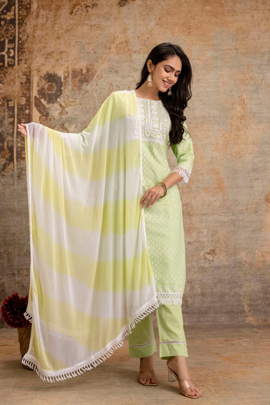 Women’s Cotton Embroidered Kurta Set with Dupatta – Light Green Ethnic Suit Set - Naticraft