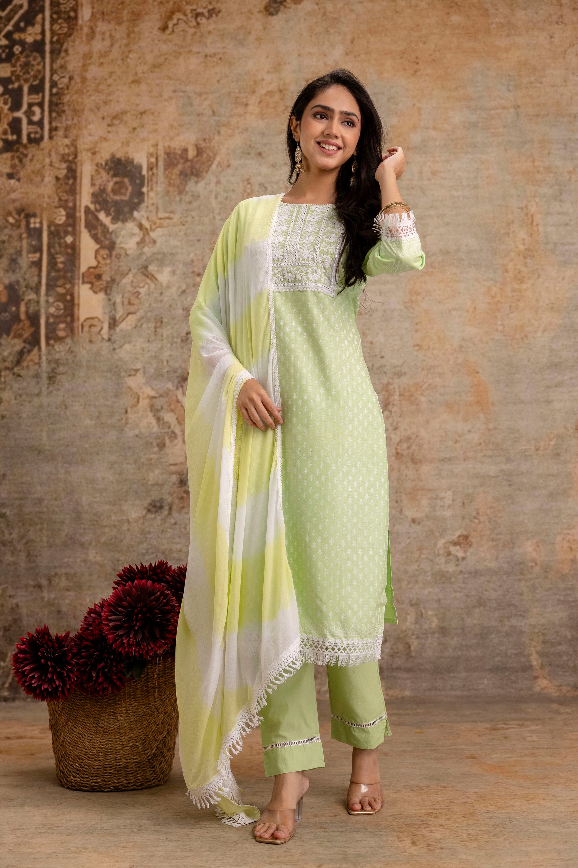 Women’s Cotton Embroidered Kurta Set with Dupatta – Light Green Ethnic Suit Set - Naticraft