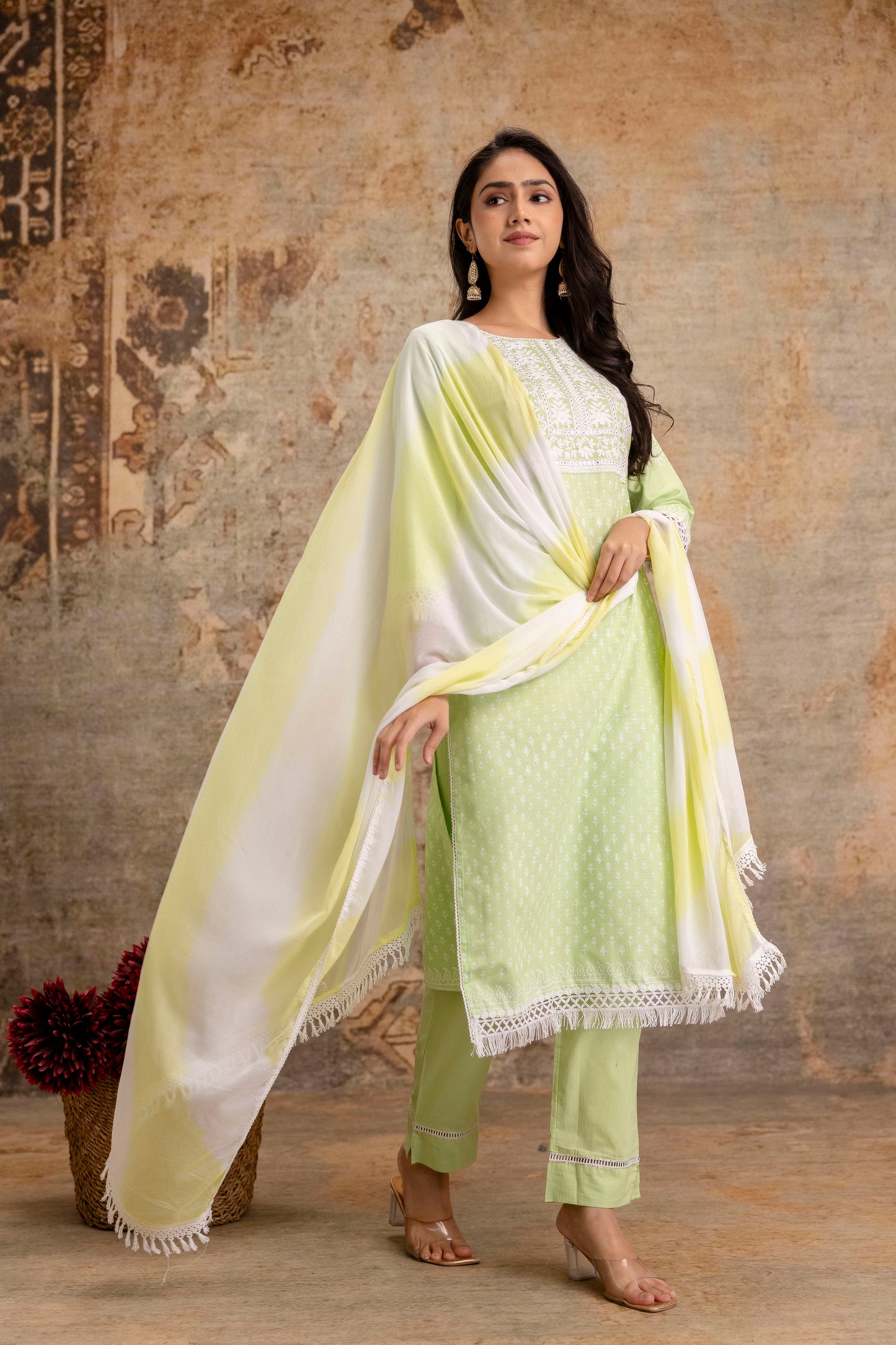 Women’s Cotton Embroidered Kurta Set with Dupatta – Light Green Ethnic Suit Set - Naticraft