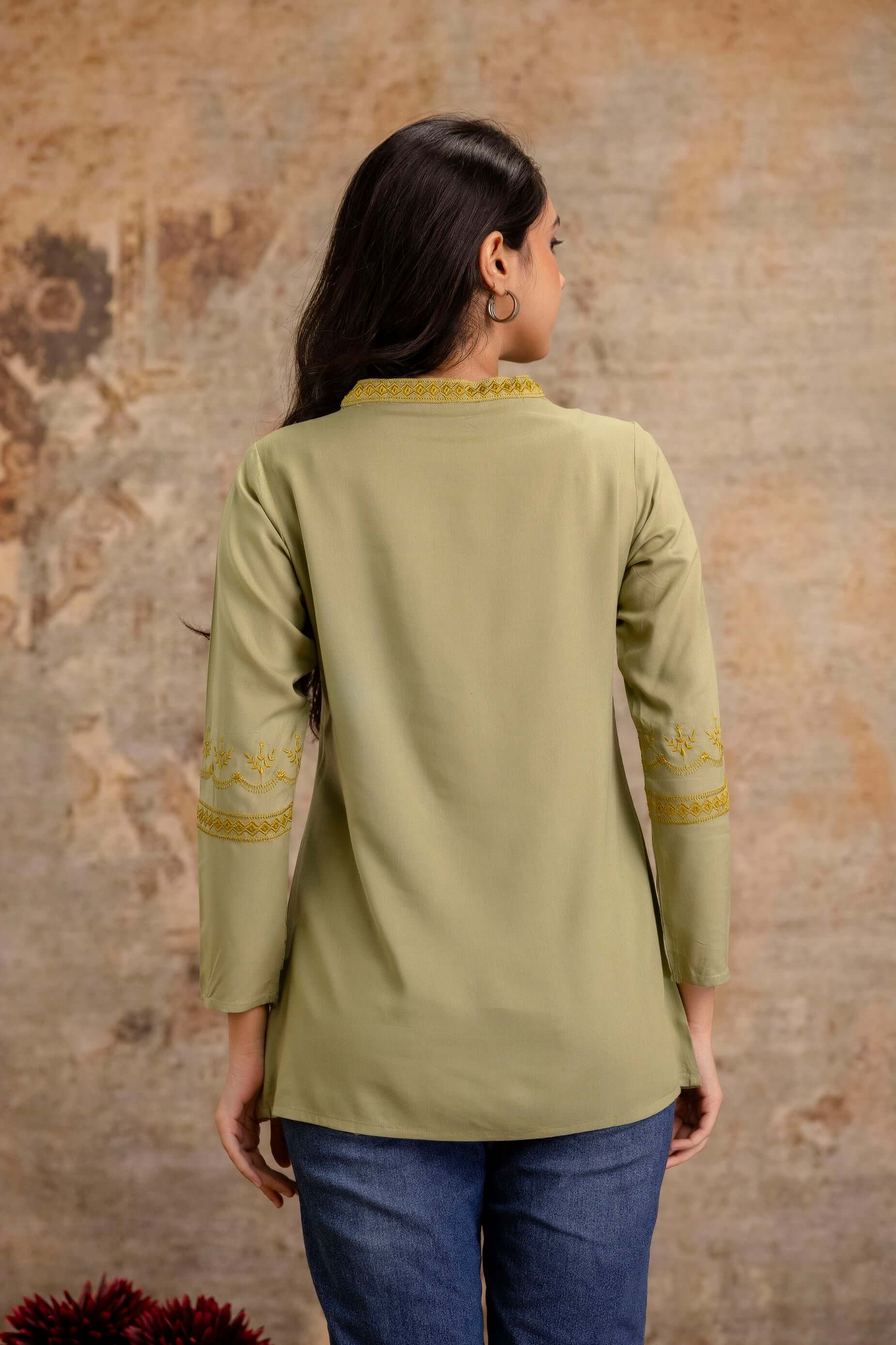 Olive Green Embroidered Cotton Top with Tassel Tie Neck - Naticraft