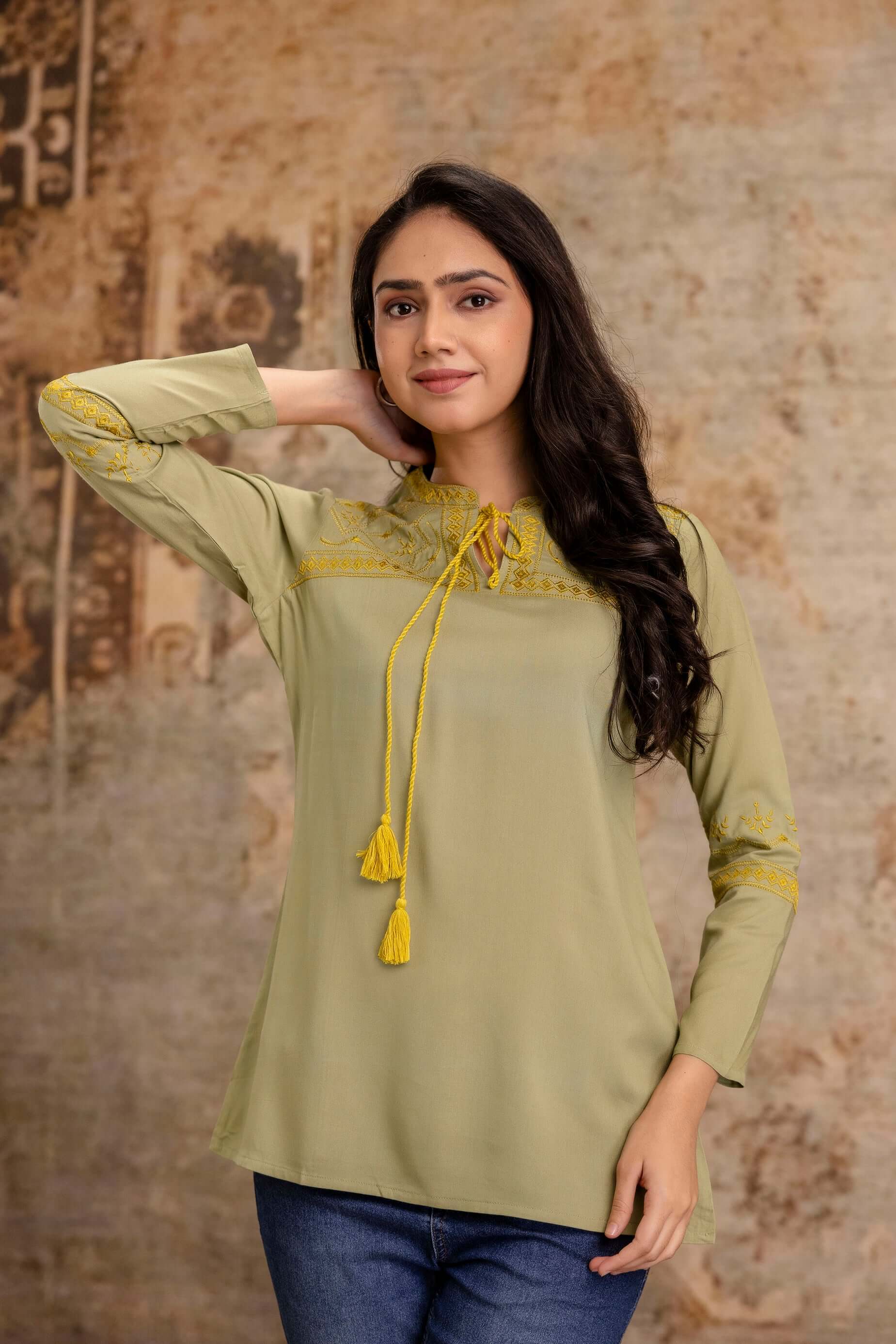 Olive Green Embroidered Cotton Top with Tassel Tie Neck - Naticraft