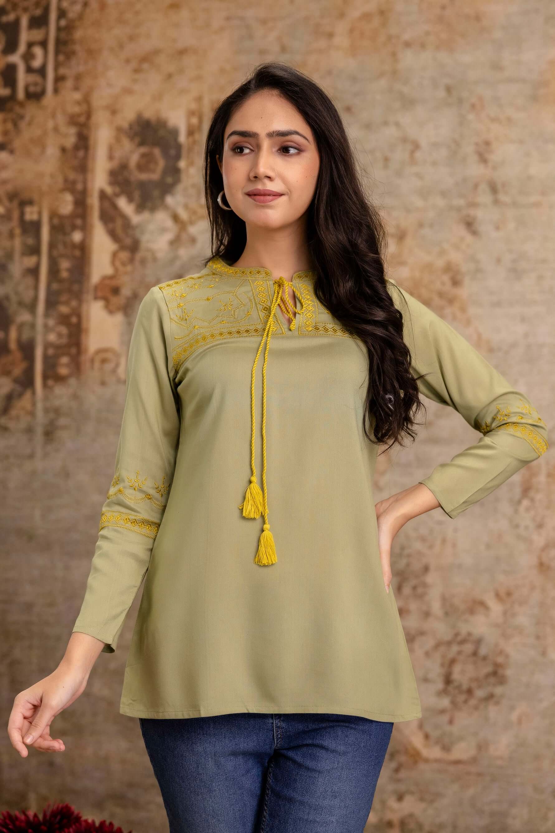 Olive Green Embroidered Cotton Top with Tassel Tie Neck - Naticraft