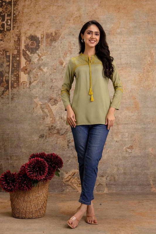 Olive Green Embroidered Cotton Top with Tassel Tie Neck - Naticraft