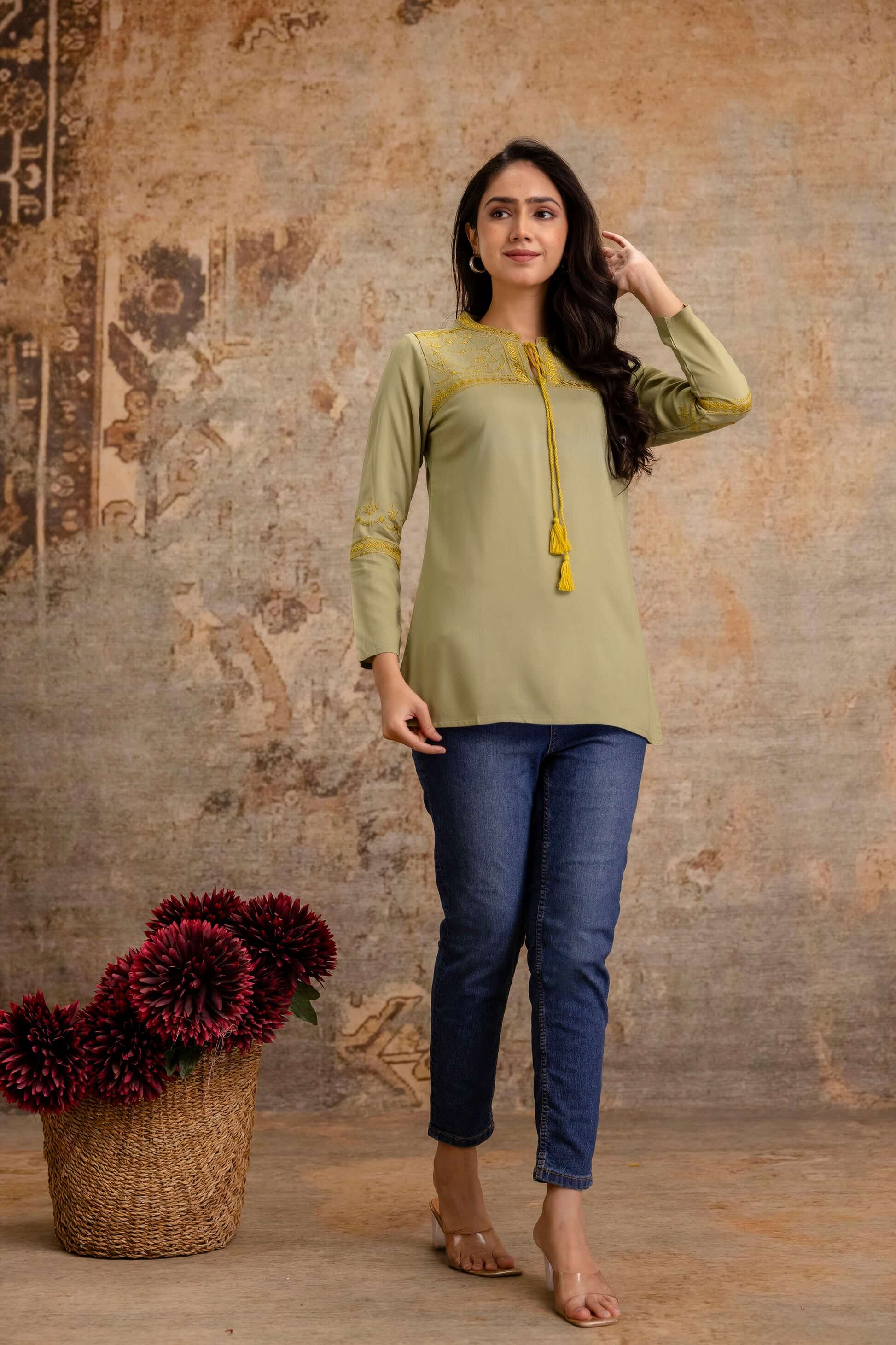 Olive Green Embroidered Cotton Top with Tassel Tie Neck - Naticraft