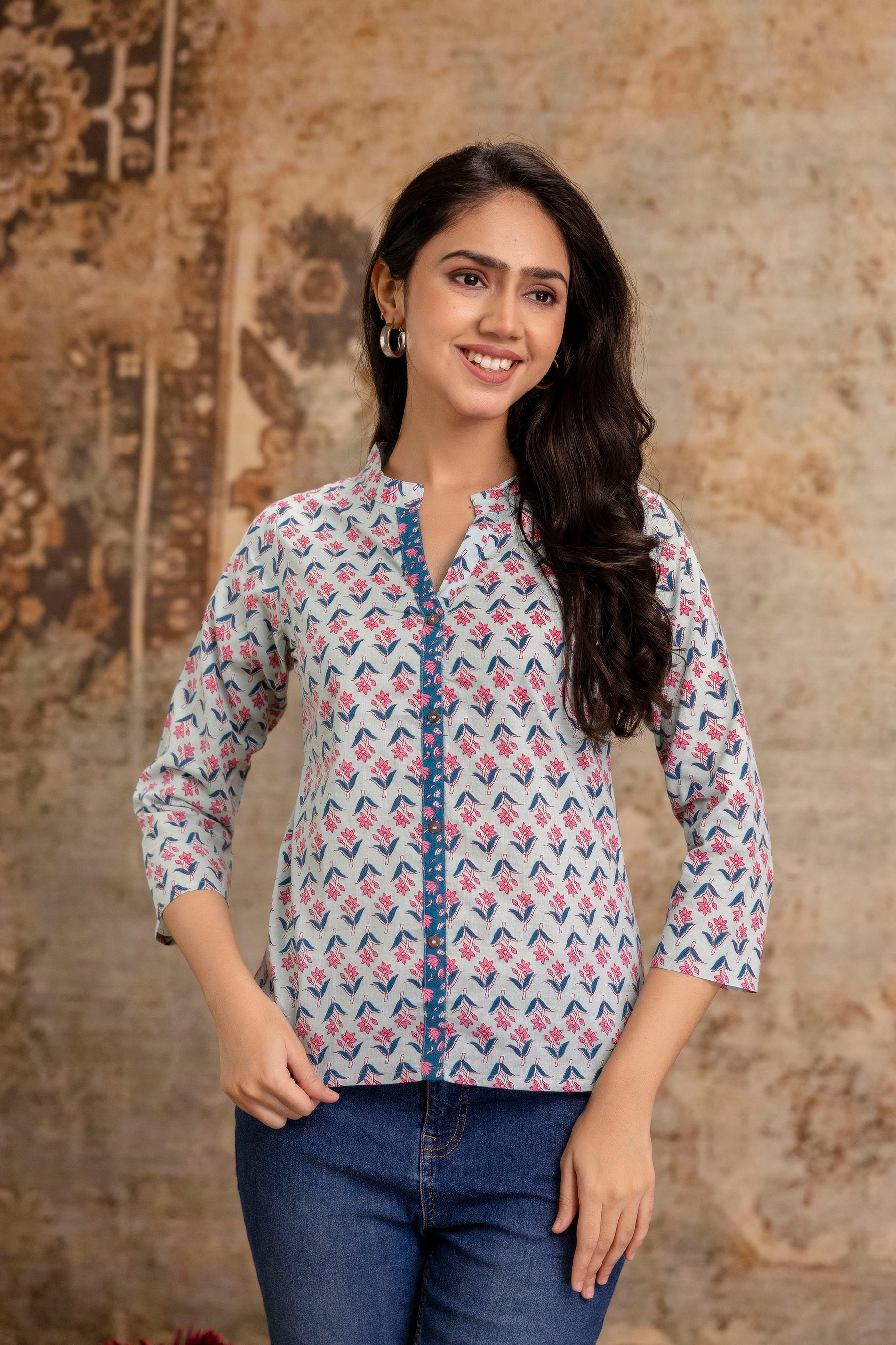 Floral Printed Casual Cotton Top for Women - Pastel Blue Base - Naticraft