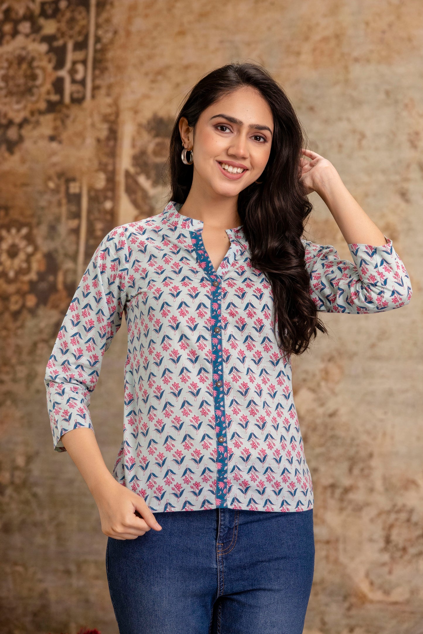 Floral Printed Casual Cotton Top for Women - Pastel Blue Base - Naticraft