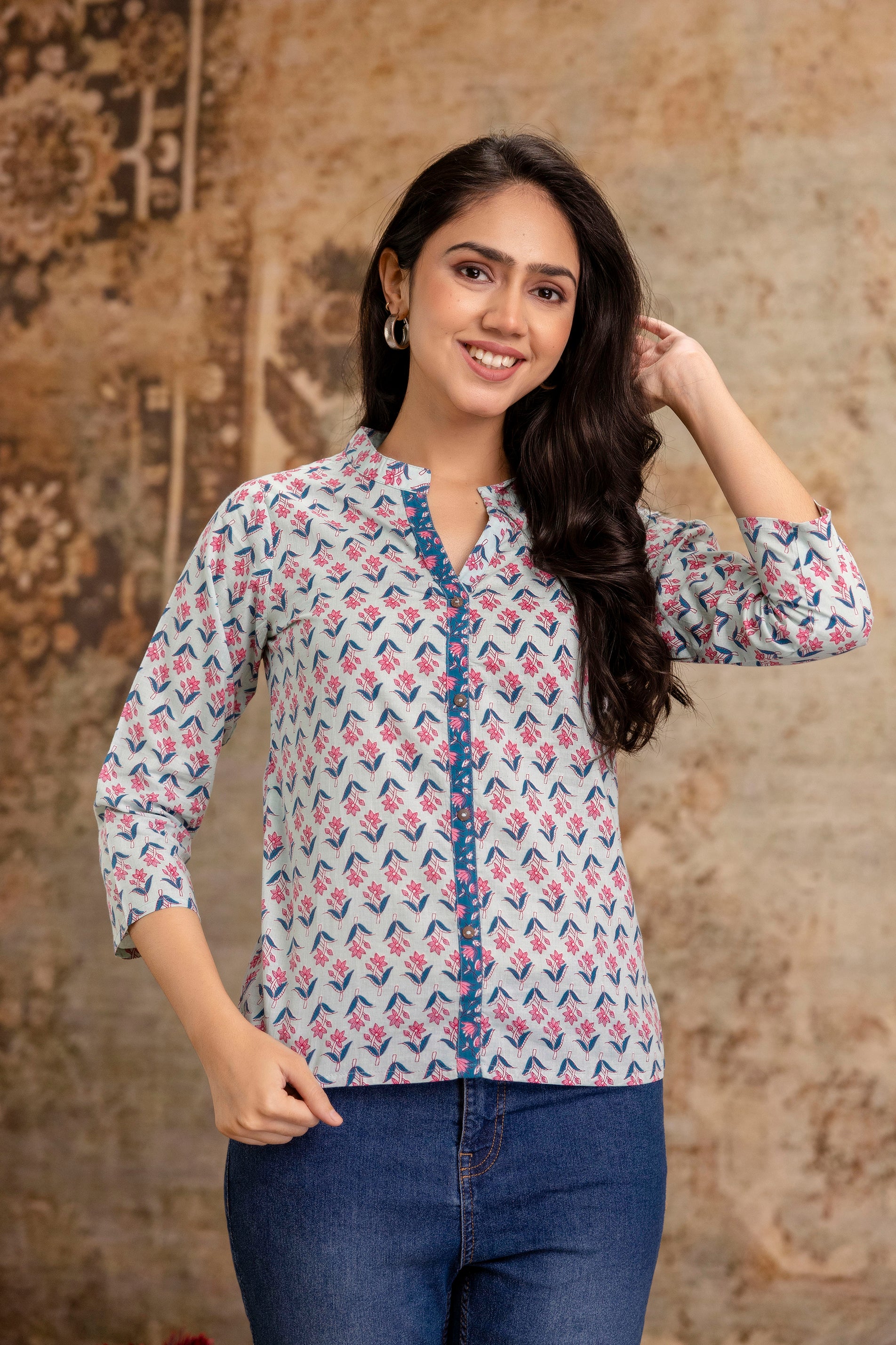 Floral Printed Casual Cotton Top for Women - Pastel Blue Base - Naticraft