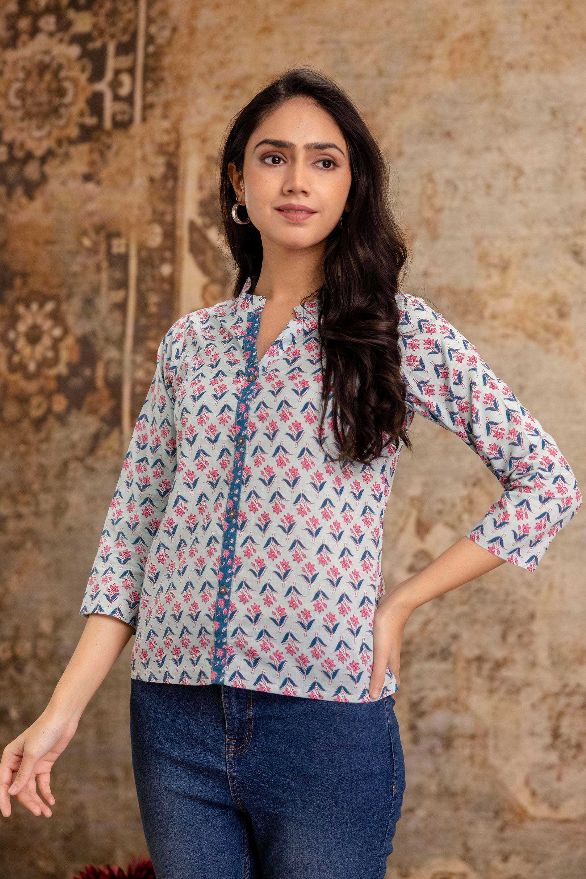 Floral Printed Casual Cotton Top for Women - Pastel Blue Base - Naticraft