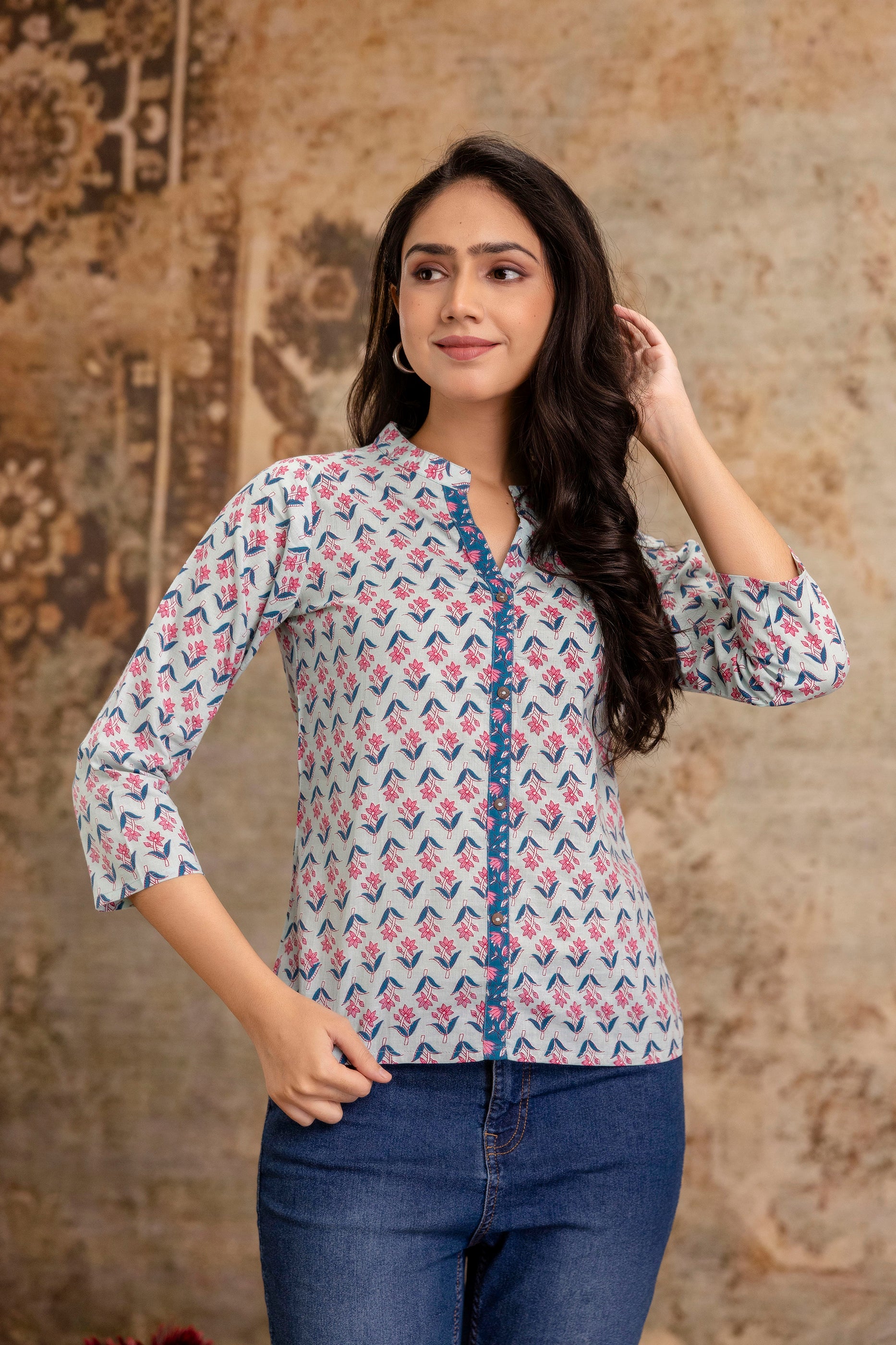 Floral Printed Casual Cotton Top for Women - Pastel Blue Base - Naticraft