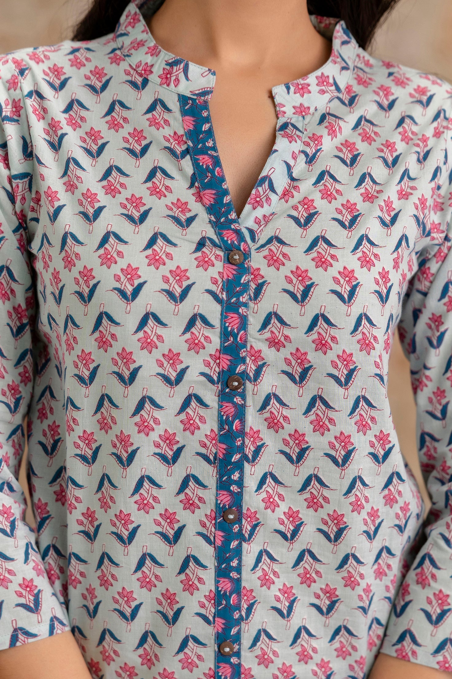 Floral Printed Casual Cotton Top for Women - Pastel Blue Base - Naticraft