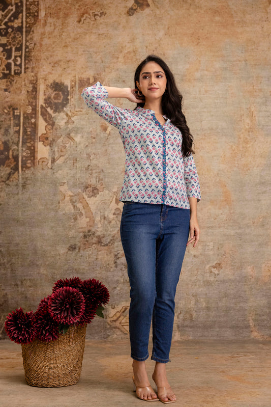 Floral Printed Casual Cotton Top for Women - Pastel Blue Base - Naticraft