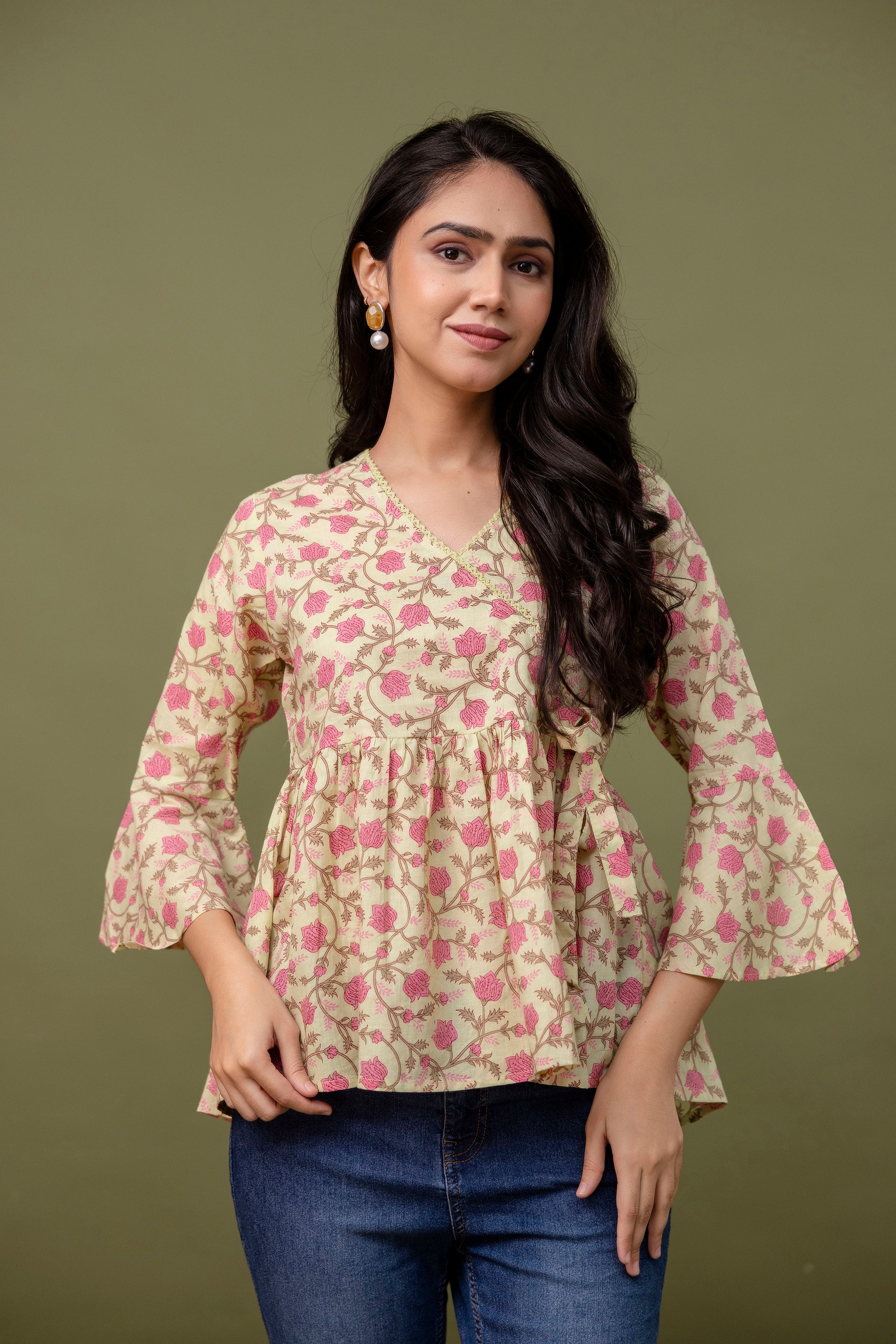 Women's Printed Cotton Peplum Top – Flared Sleeves, V-Neck, Casual Ethnic Top - Naticraft