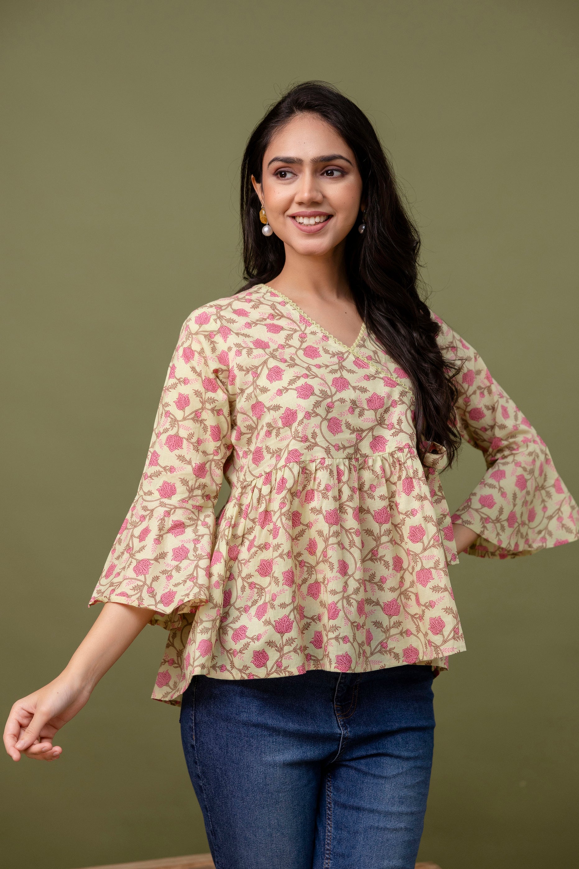 Women's Printed Cotton Peplum Top – Flared Sleeves, V-Neck, Casual Ethnic Top - Naticraft