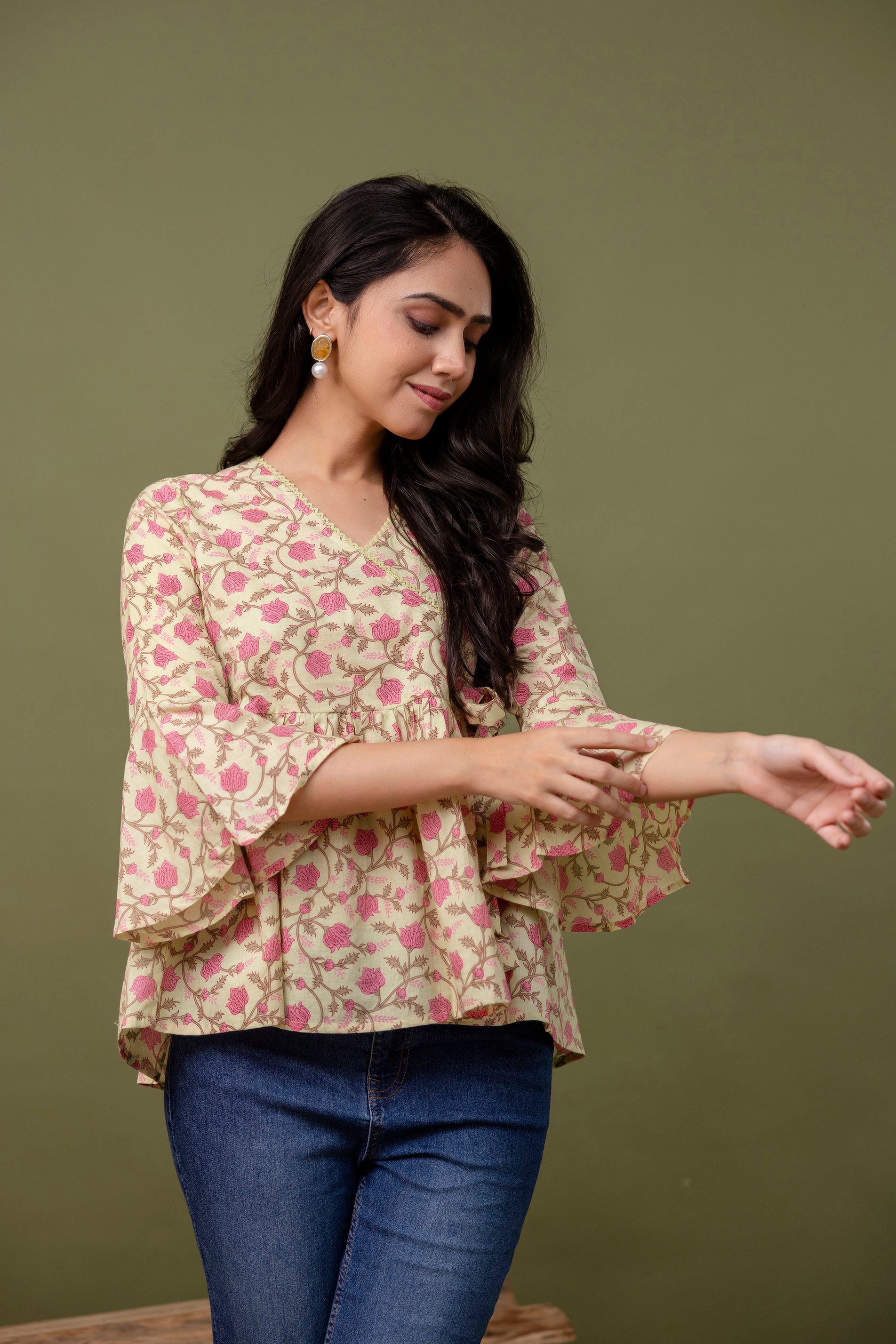 Women's Printed Cotton Peplum Top – Flared Sleeves, V-Neck, Casual Ethnic Top - Naticraft