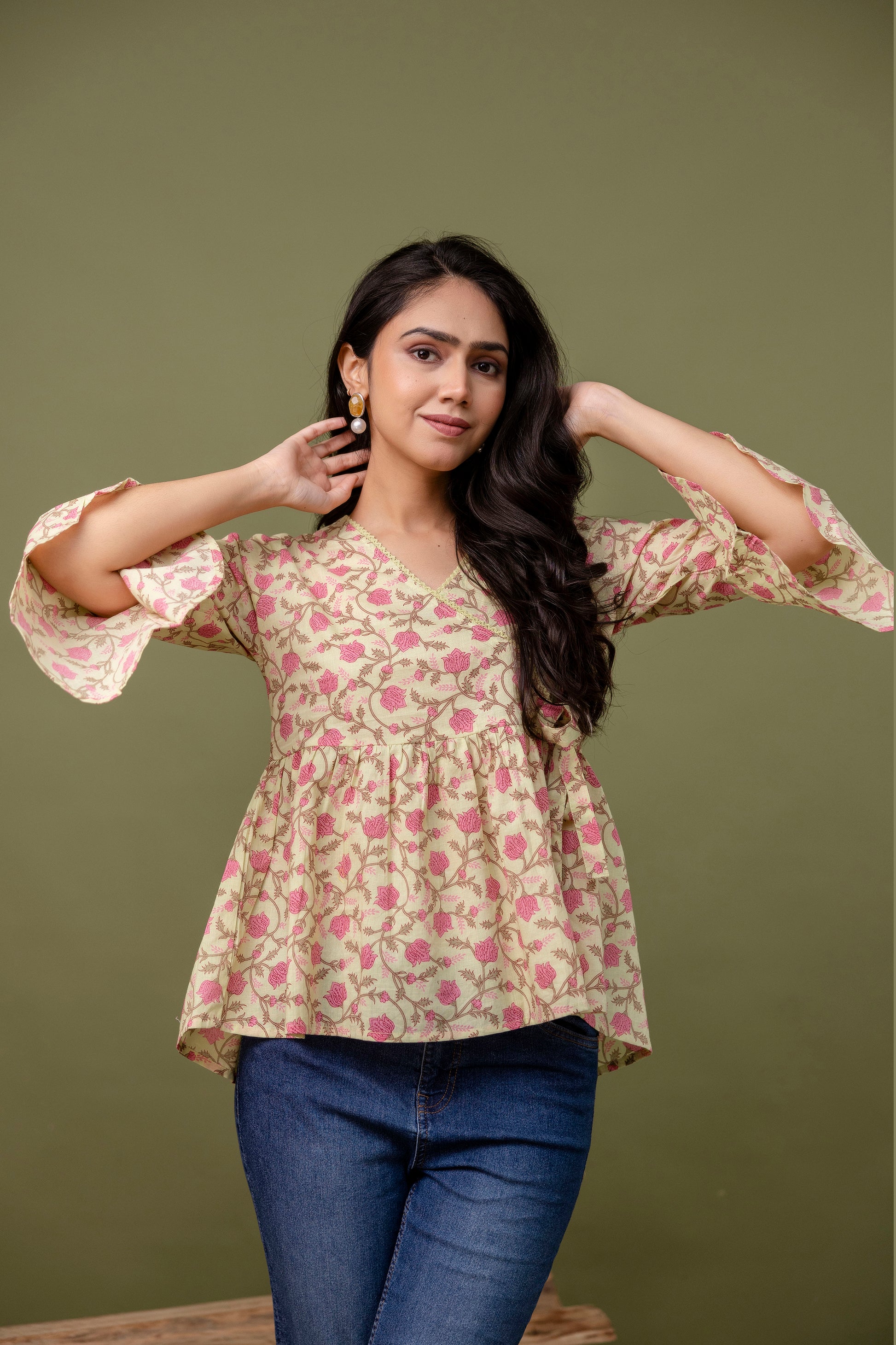 Women's Printed Cotton Peplum Top – Flared Sleeves, V-Neck, Casual Ethnic Top - Naticraft