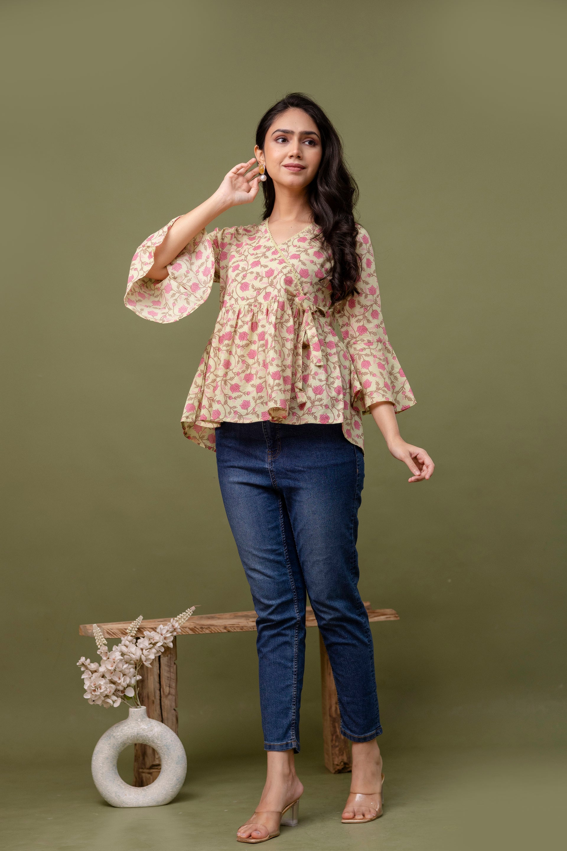 Women's Printed Cotton Peplum Top – Flared Sleeves, V-Neck, Casual Ethnic Top - Naticraft