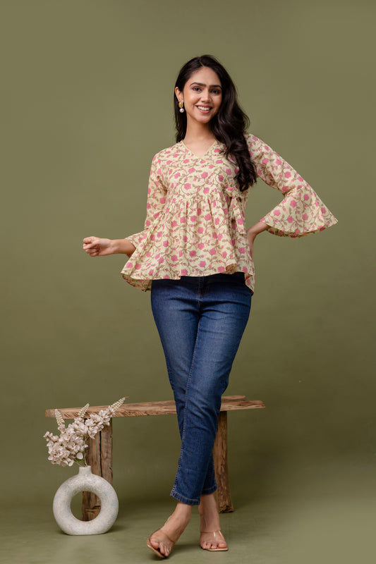 Women's Printed Cotton Peplum Top – Flared Sleeves, V-Neck, Casual Ethnic Top - Naticraft