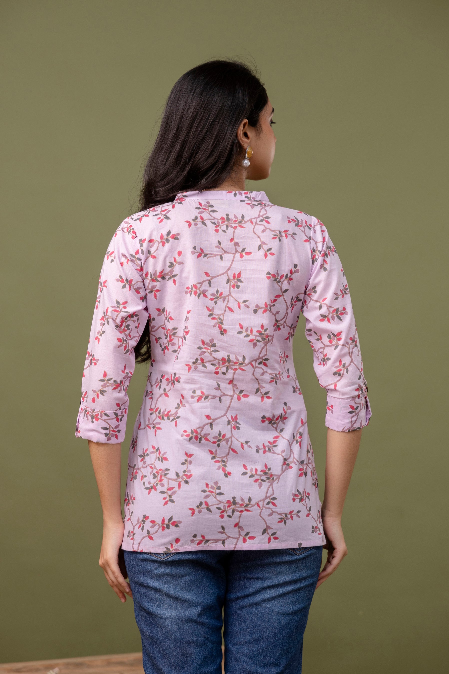 Women's Pink Floral Cotton Top with Mandarin Collar - Naticraft