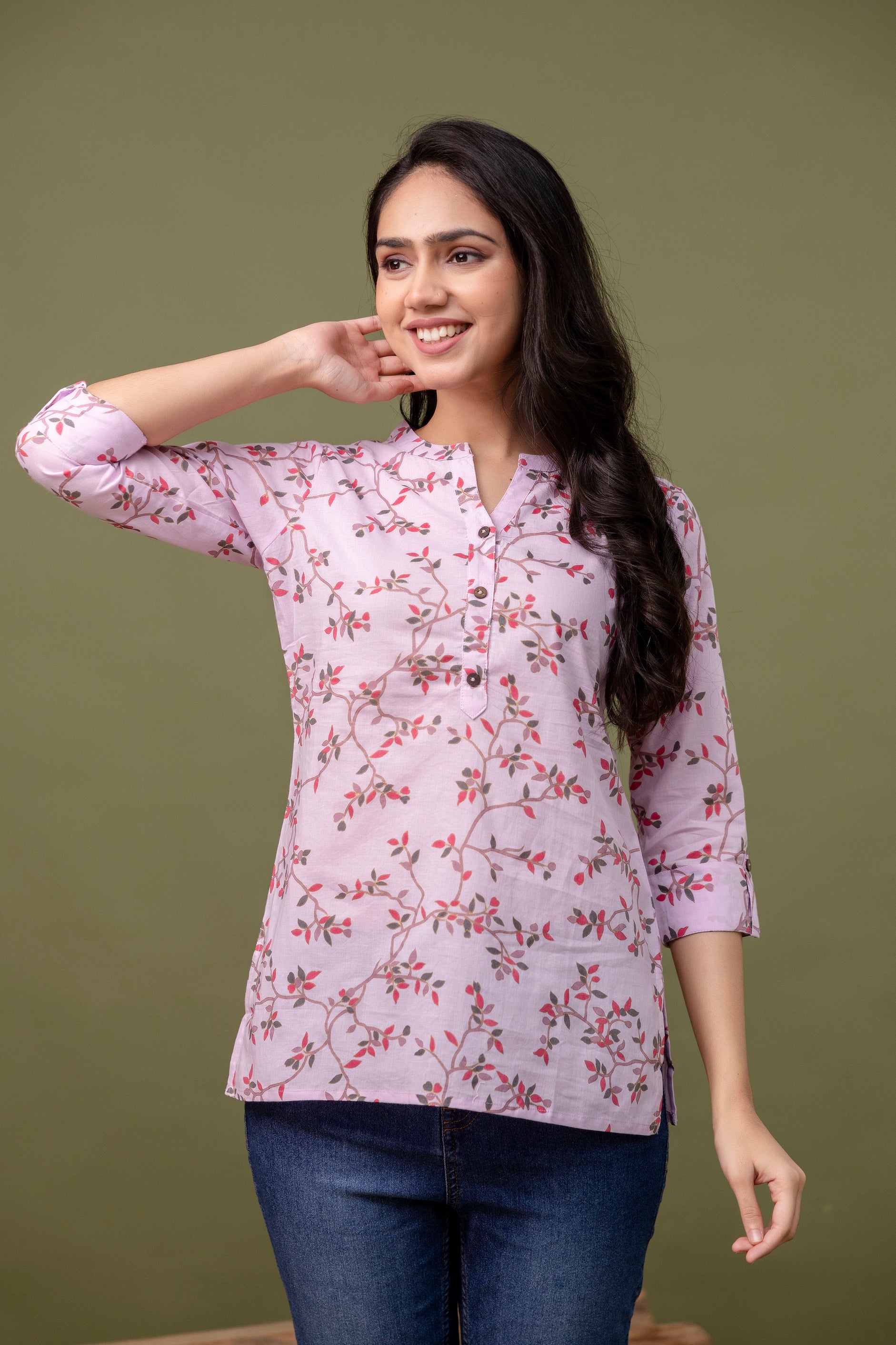 Women's Pink Floral Cotton Top with Mandarin Collar - Naticraft