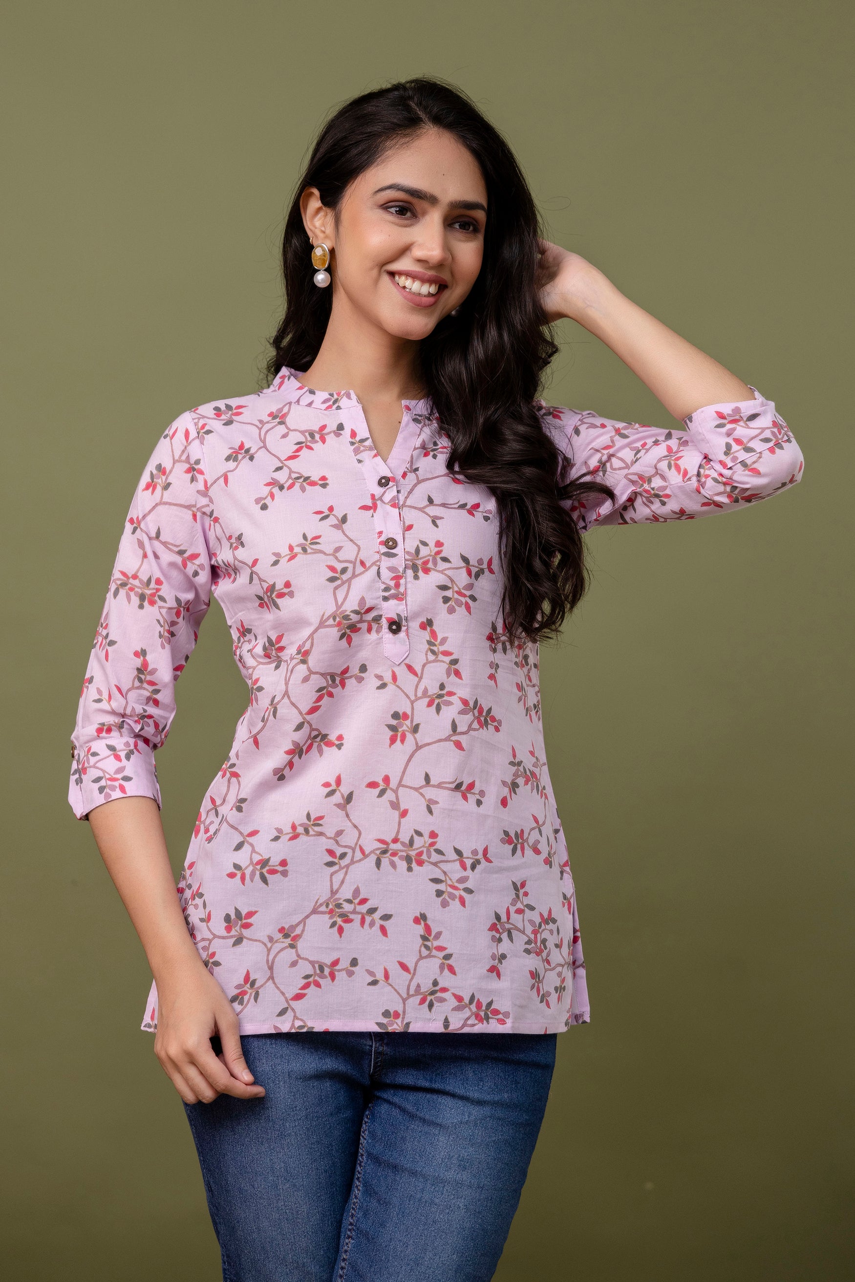 Women's Pink Floral Cotton Top with Mandarin Collar - Naticraft