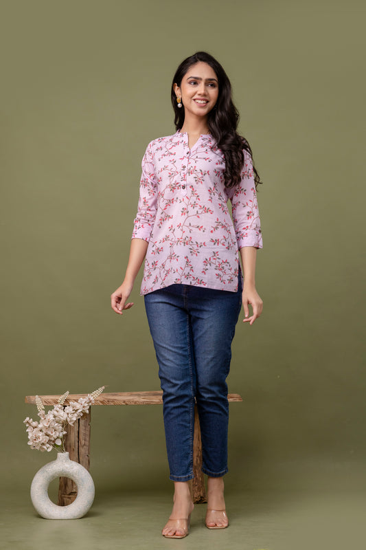 Women's Pink Floral Cotton Top with Mandarin Collar - Naticraft