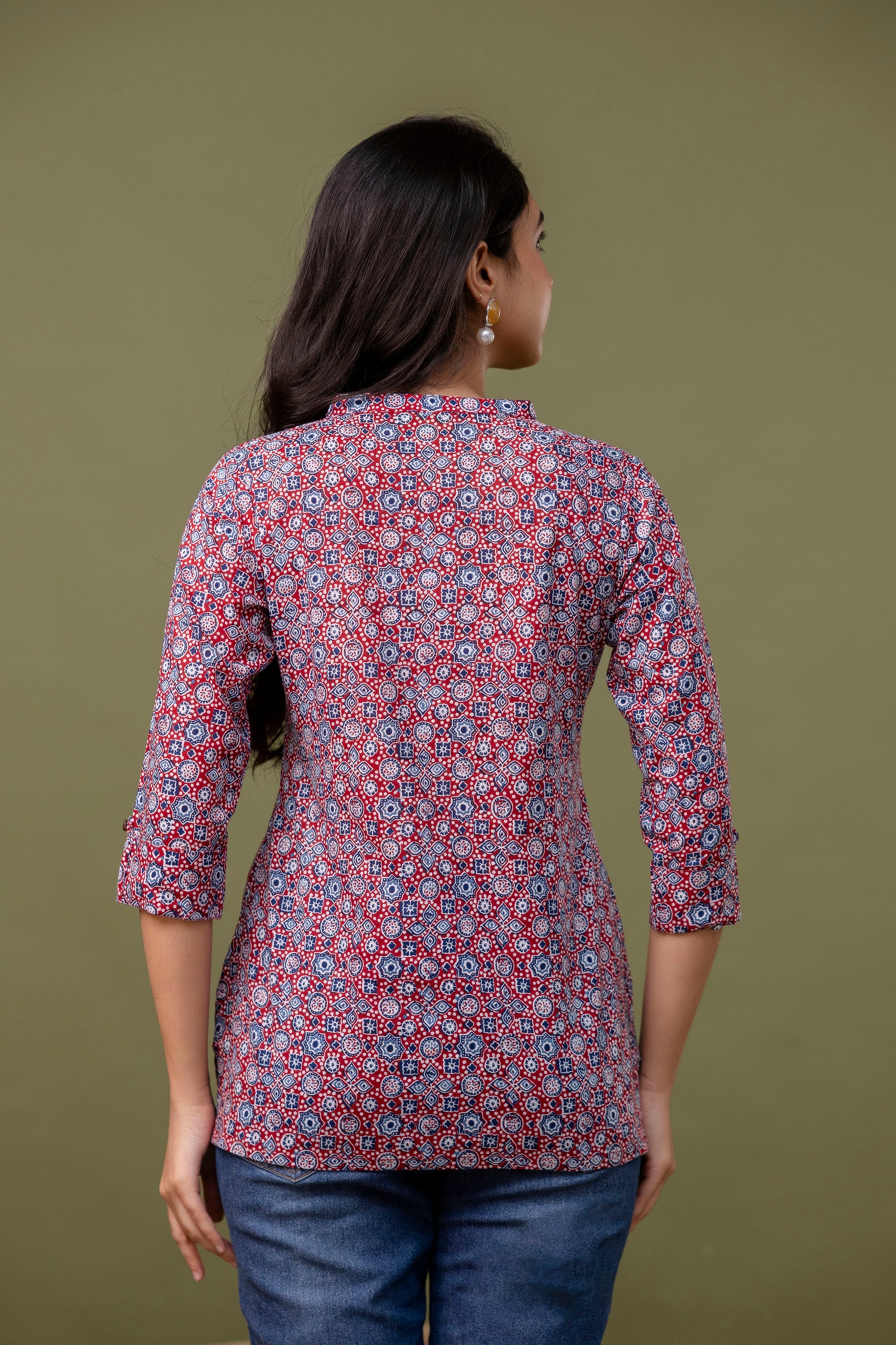Navy Blue & Red Printed Cotton Short Top for Women - Naticraft