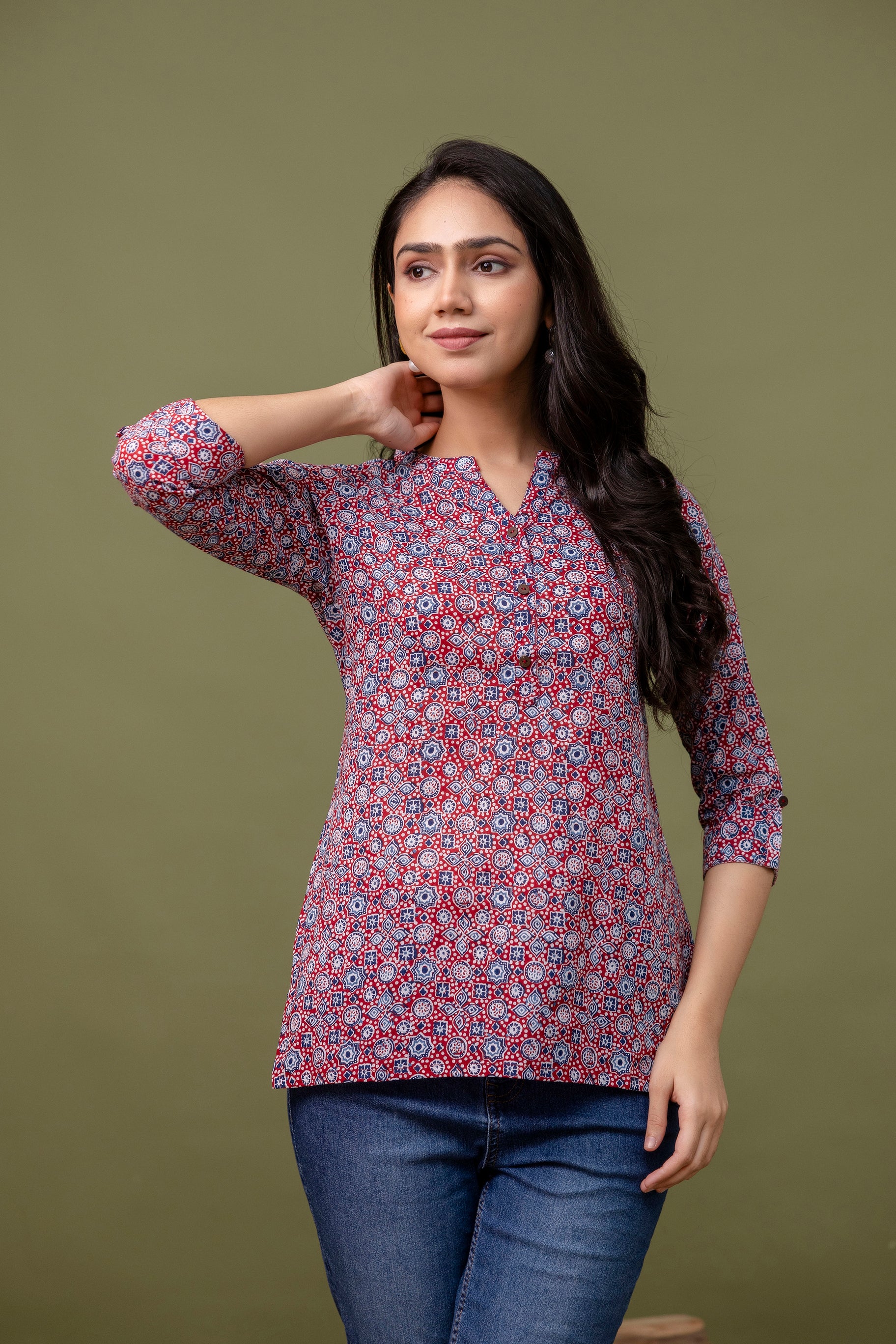 Navy Blue & Red Printed Cotton Short Top for Women - Naticraft