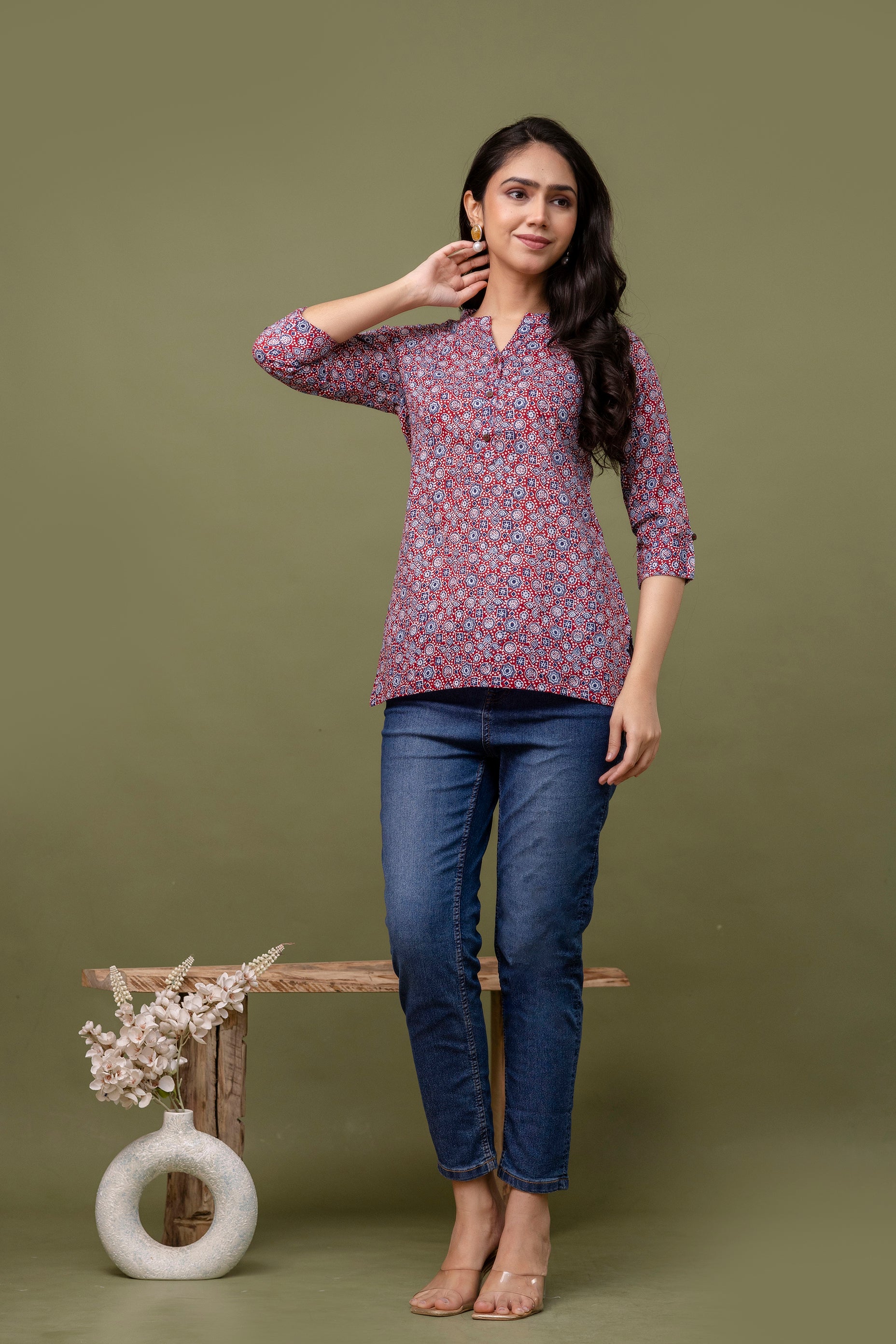 Navy Blue & Red Printed Cotton Short Top for Women - Naticraft