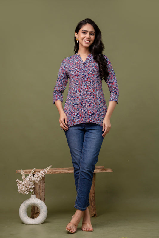 Navy Blue & Red Printed Cotton Short Top for Women - Naticraft