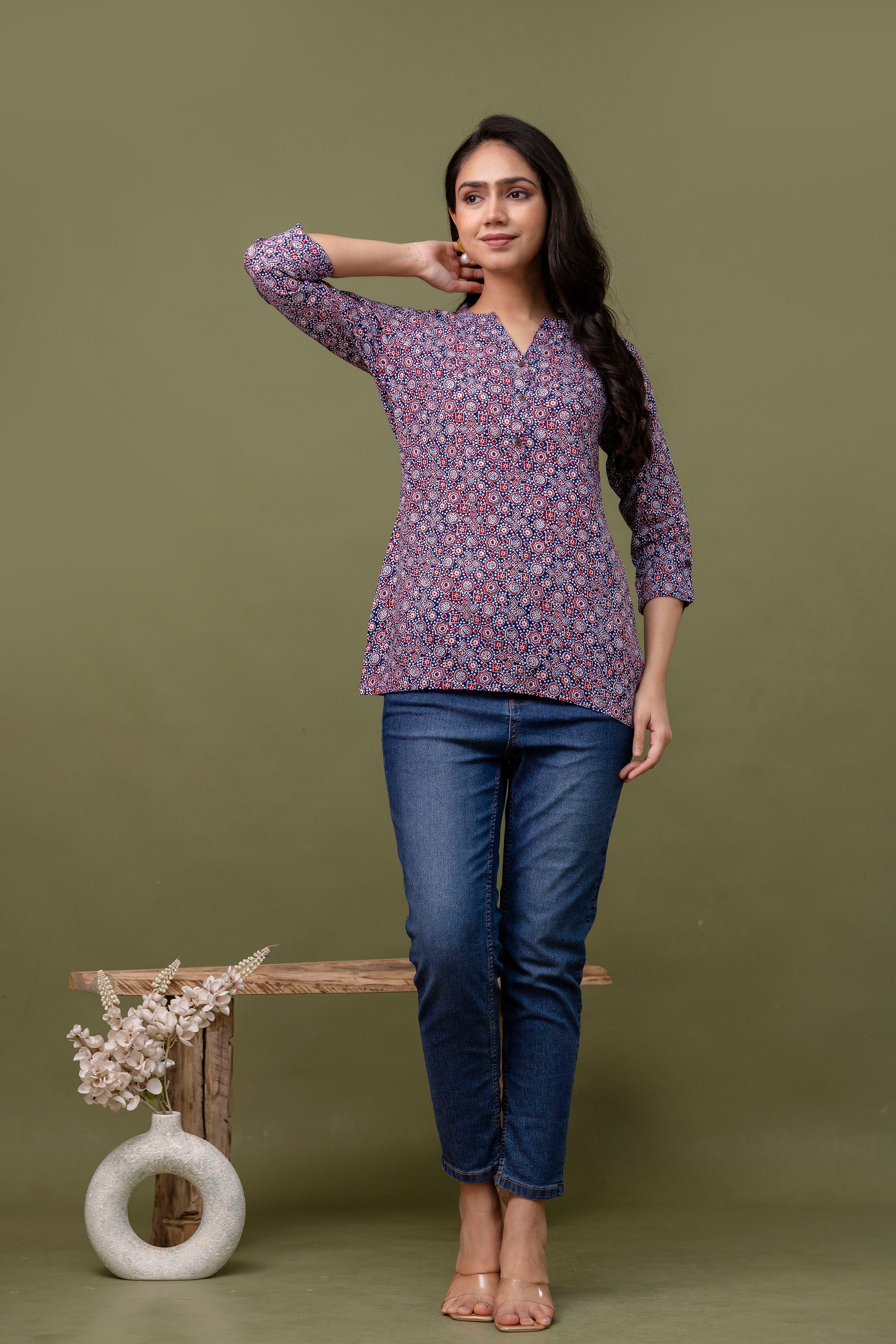 Navy Blue & Red Printed Cotton Short Top for Women - Naticraft