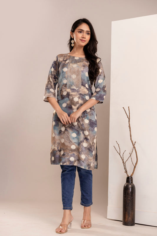 Elegant Abstract Printed Straight Kurta for Women - Rust & Blue Shades - Naticraft