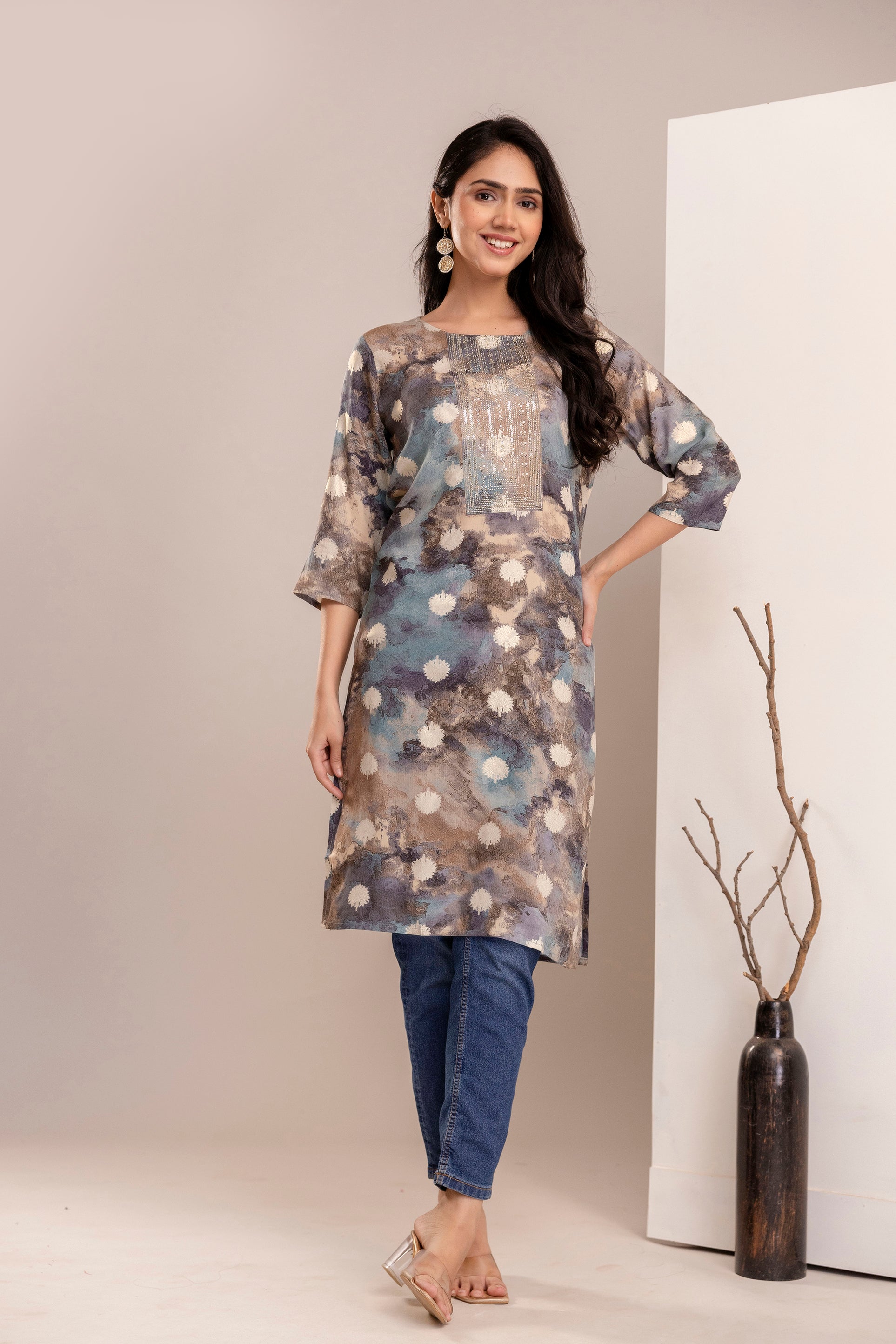 Elegant Abstract Printed Straight Kurta for Women - Rust & Blue Shades - Naticraft