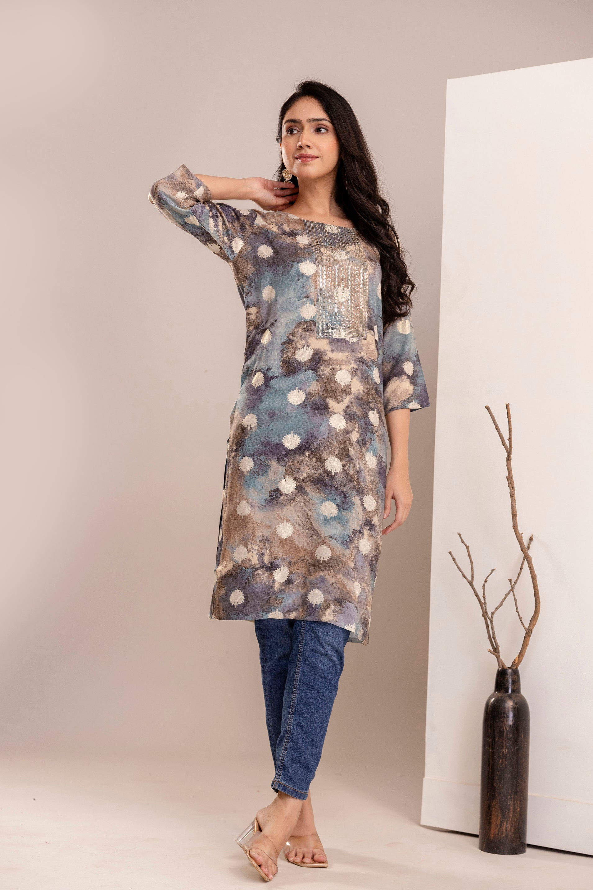 Elegant Abstract Printed Straight Kurta for Women - Rust & Blue Shades - Naticraft