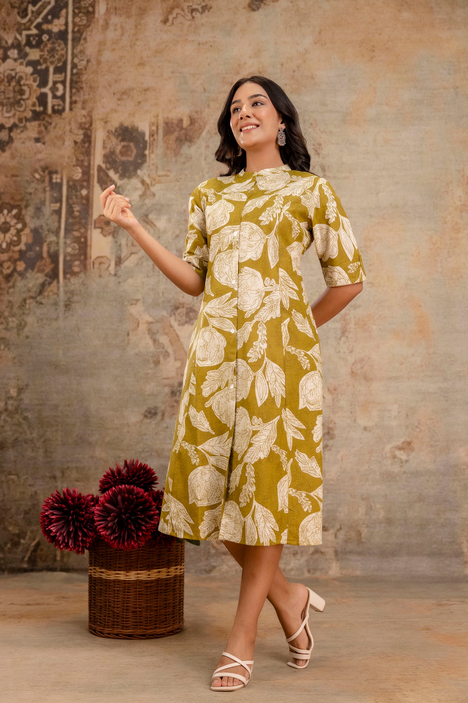 Elegant Off-White Printed A-Line Cotton Kurta with Front Button Detailing - Naticraft