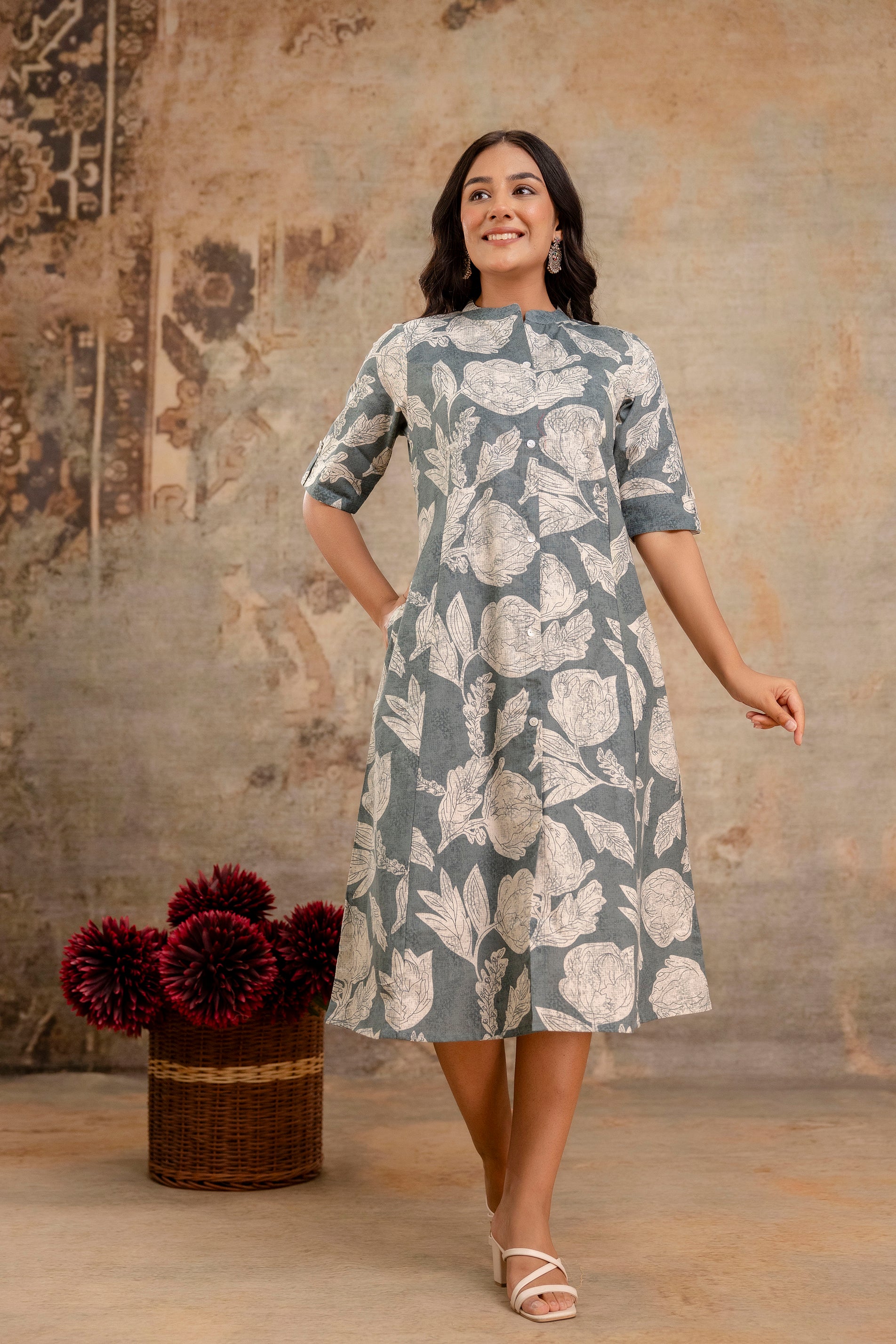 Elegant Off-White Printed A-Line Cotton Kurta with Front Button Detailing - Naticraft