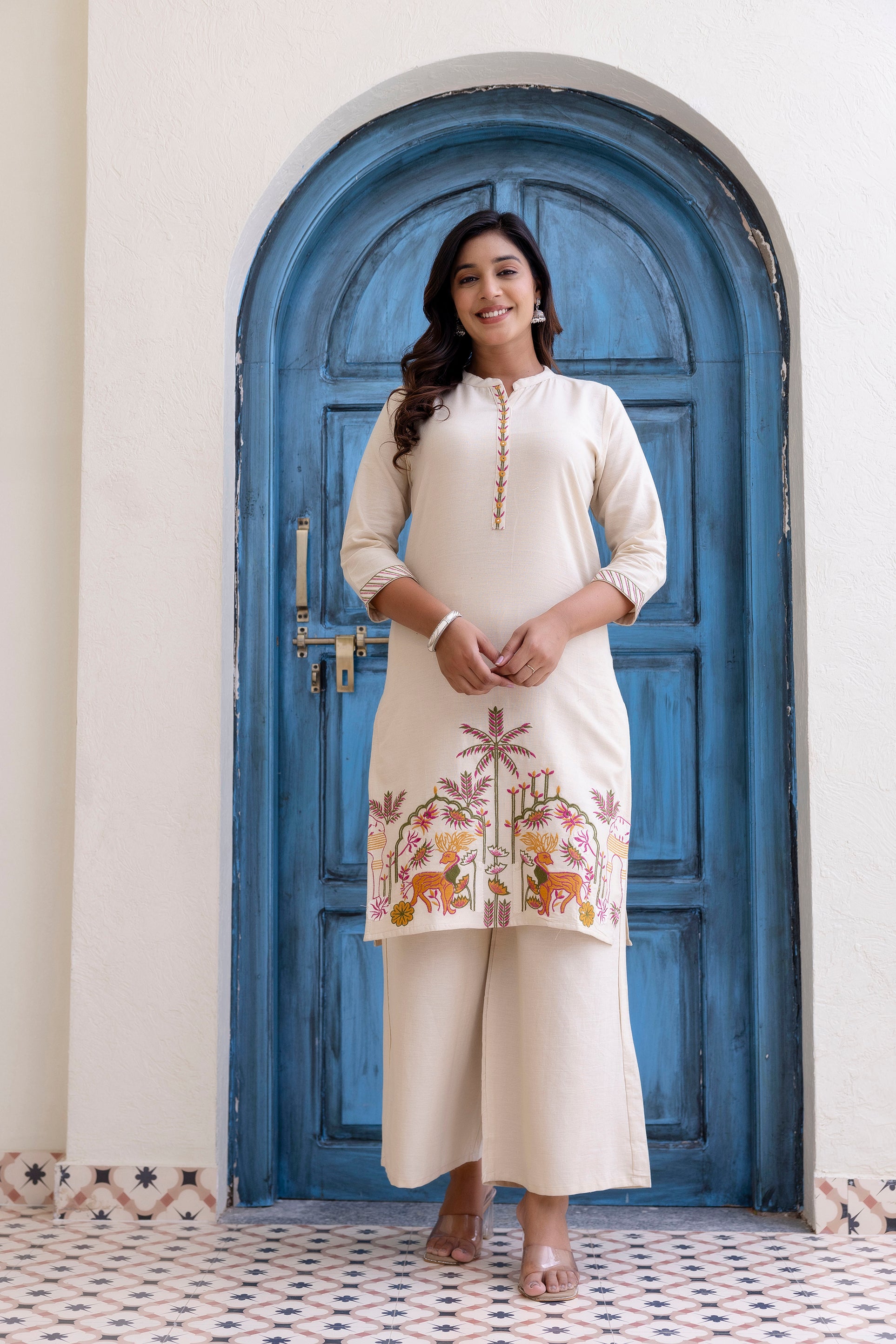 Nature-Inspired Embroidered Co-ord Set - Kurta and Pant - Naticraft