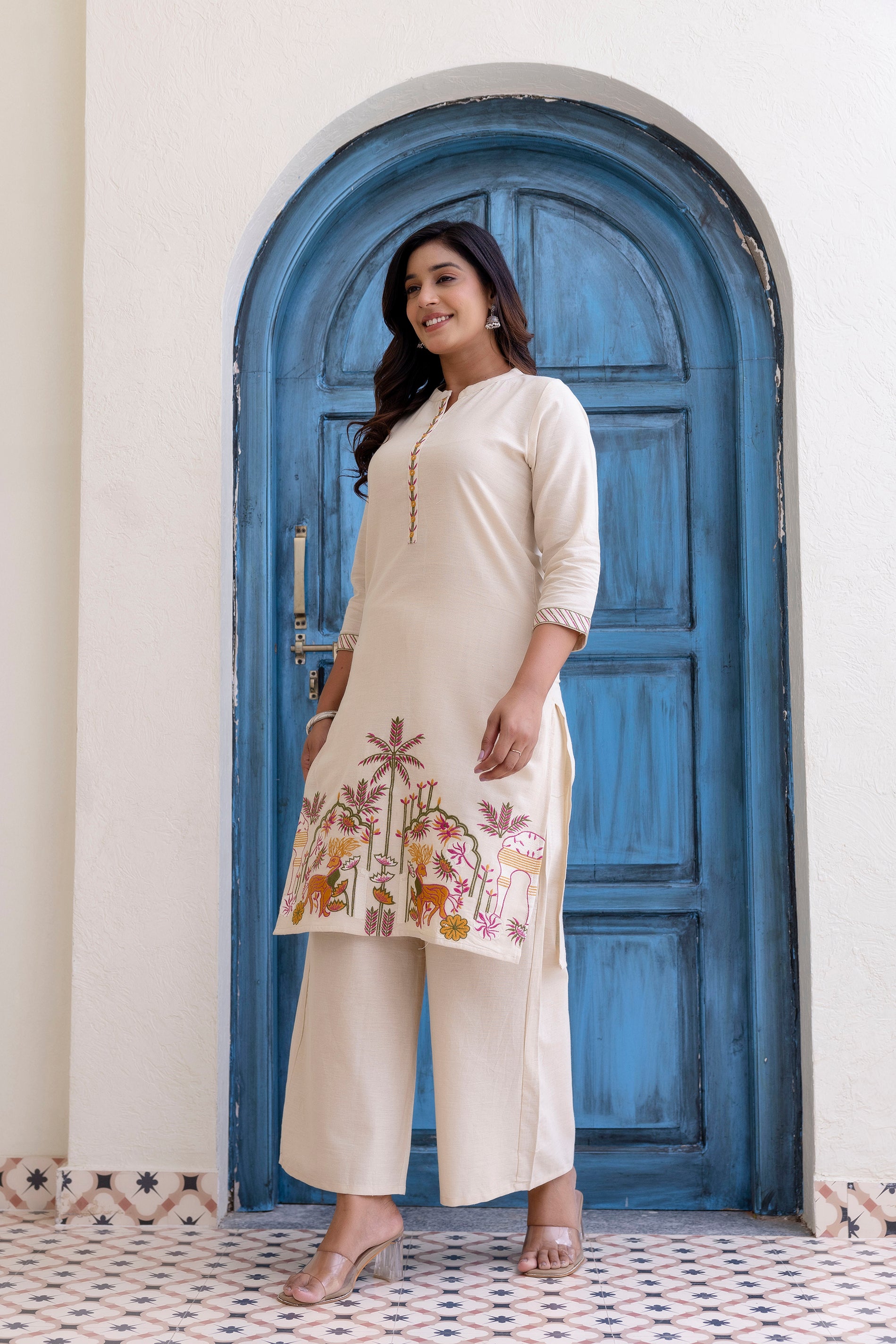 Nature-Inspired Embroidered Co-ord Set - Kurta and Pant - Naticraft