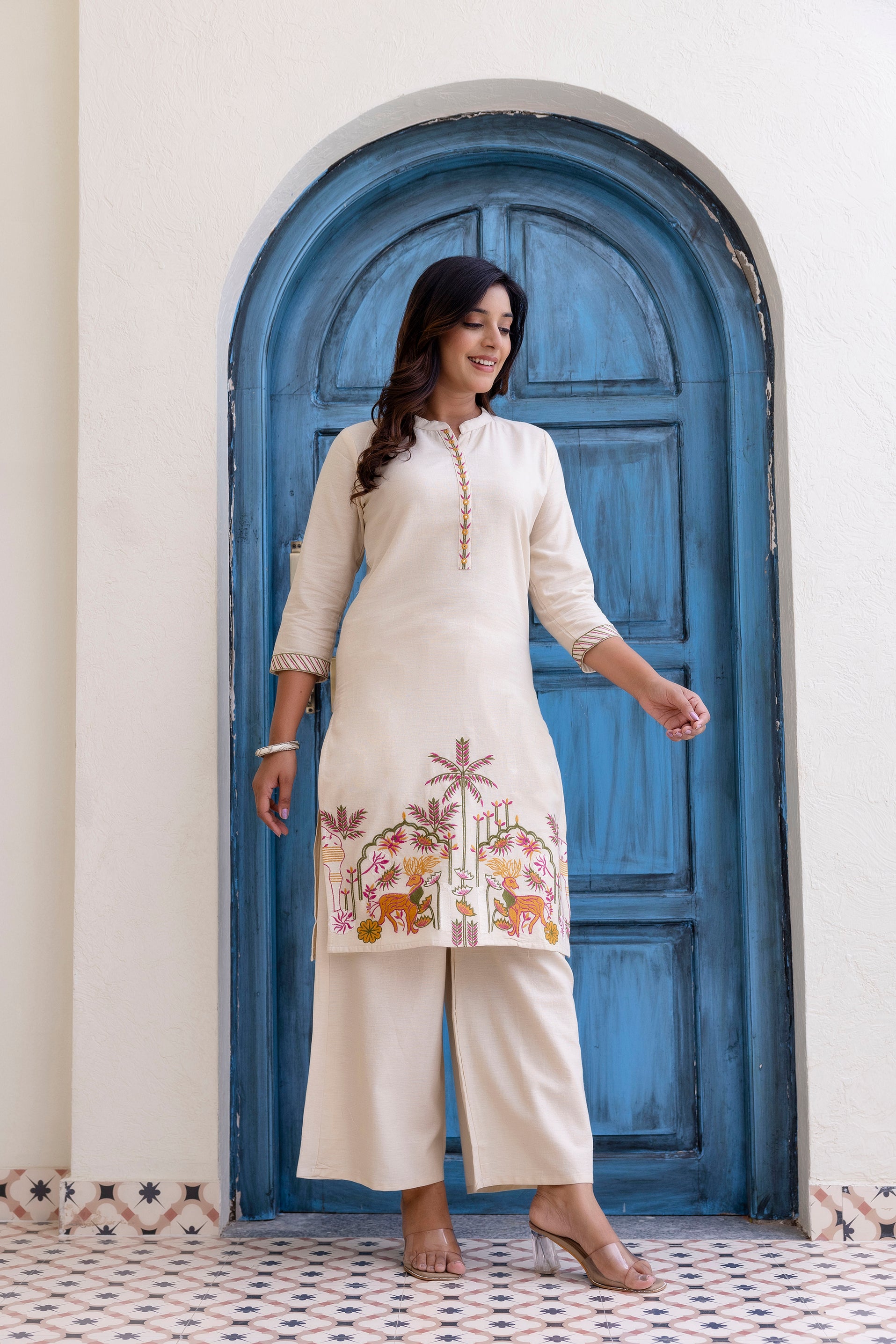 Nature-Inspired Embroidered Co-ord Set - Kurta and Pant - Naticraft