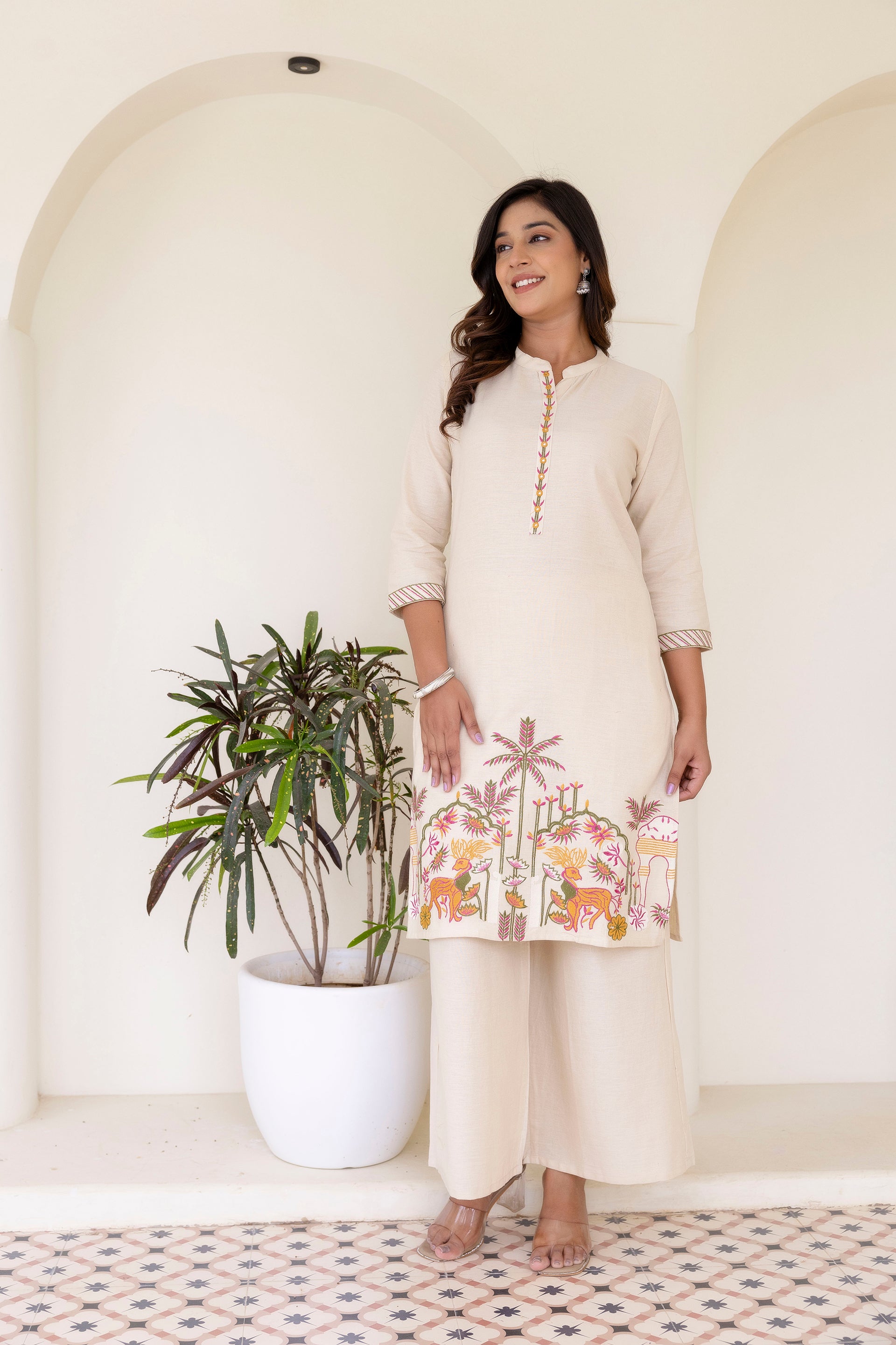 Nature-Inspired Embroidered Co-ord Set - Kurta and Pant - Naticraft