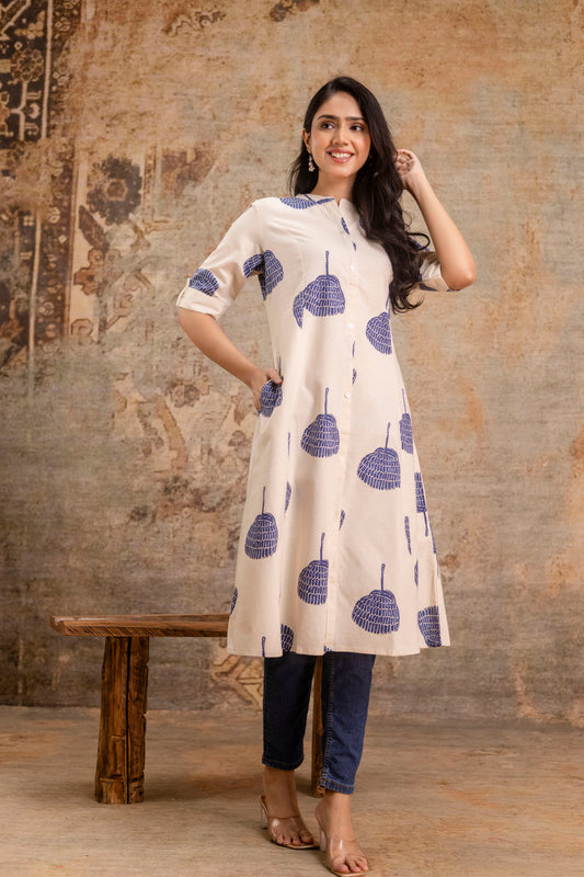Elegant Off-White Printed A-Line Cotton Kurta with Front Button Detailing - Naticraft