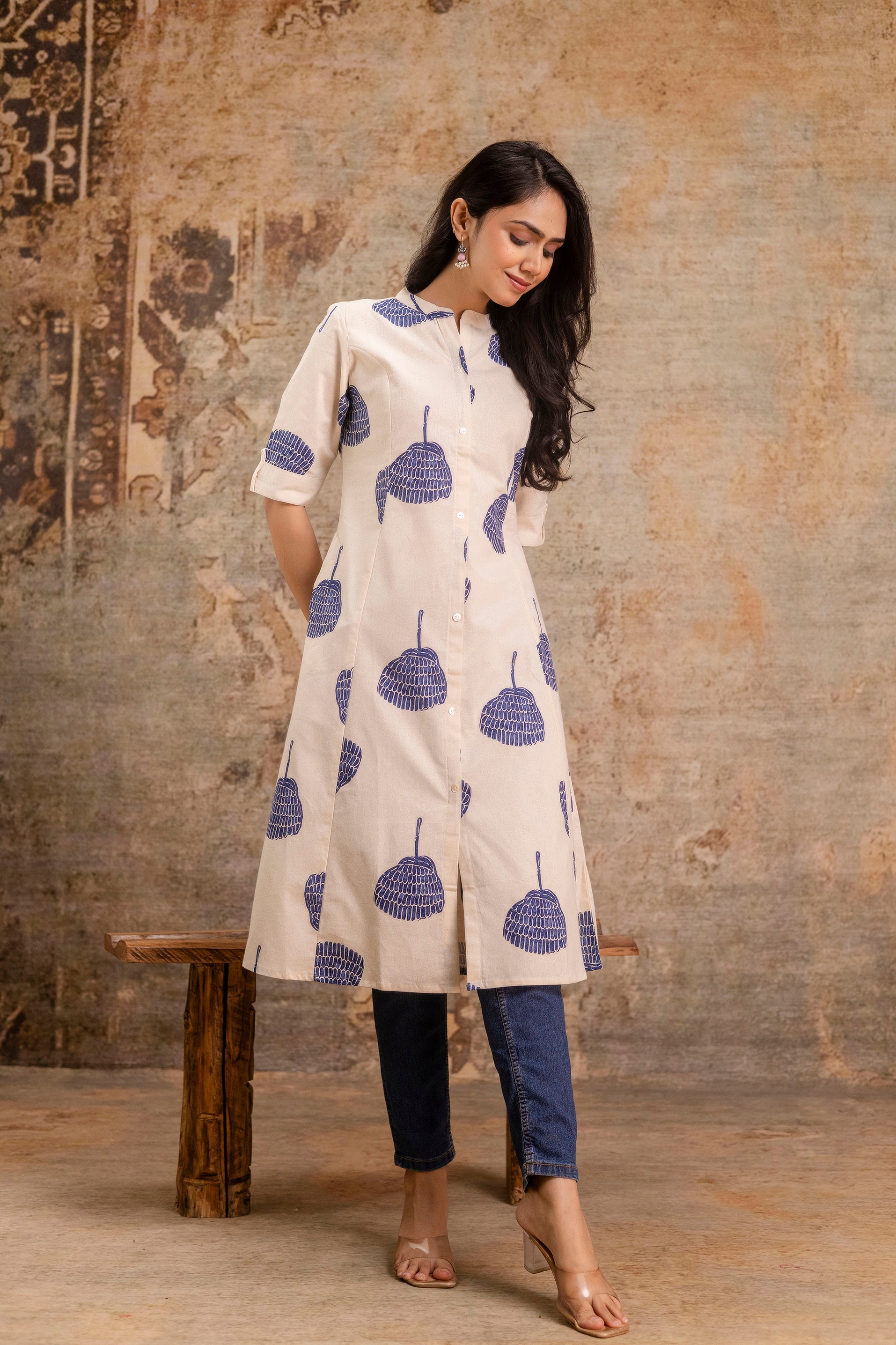 Elegant Off-White Printed A-Line Cotton Kurta with Front Button Detailing - Naticraft