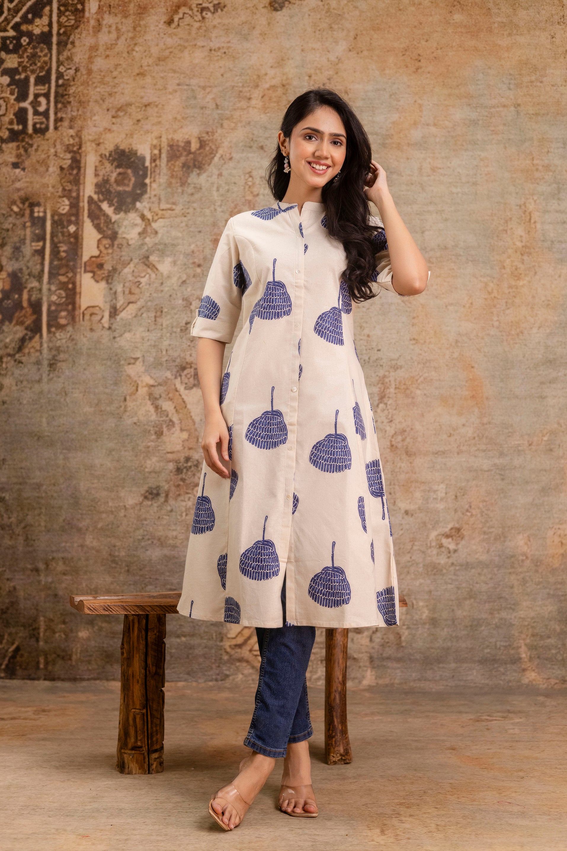 Elegant Off-White Printed A-Line Cotton Kurta with Front Button Detailing - Naticraft