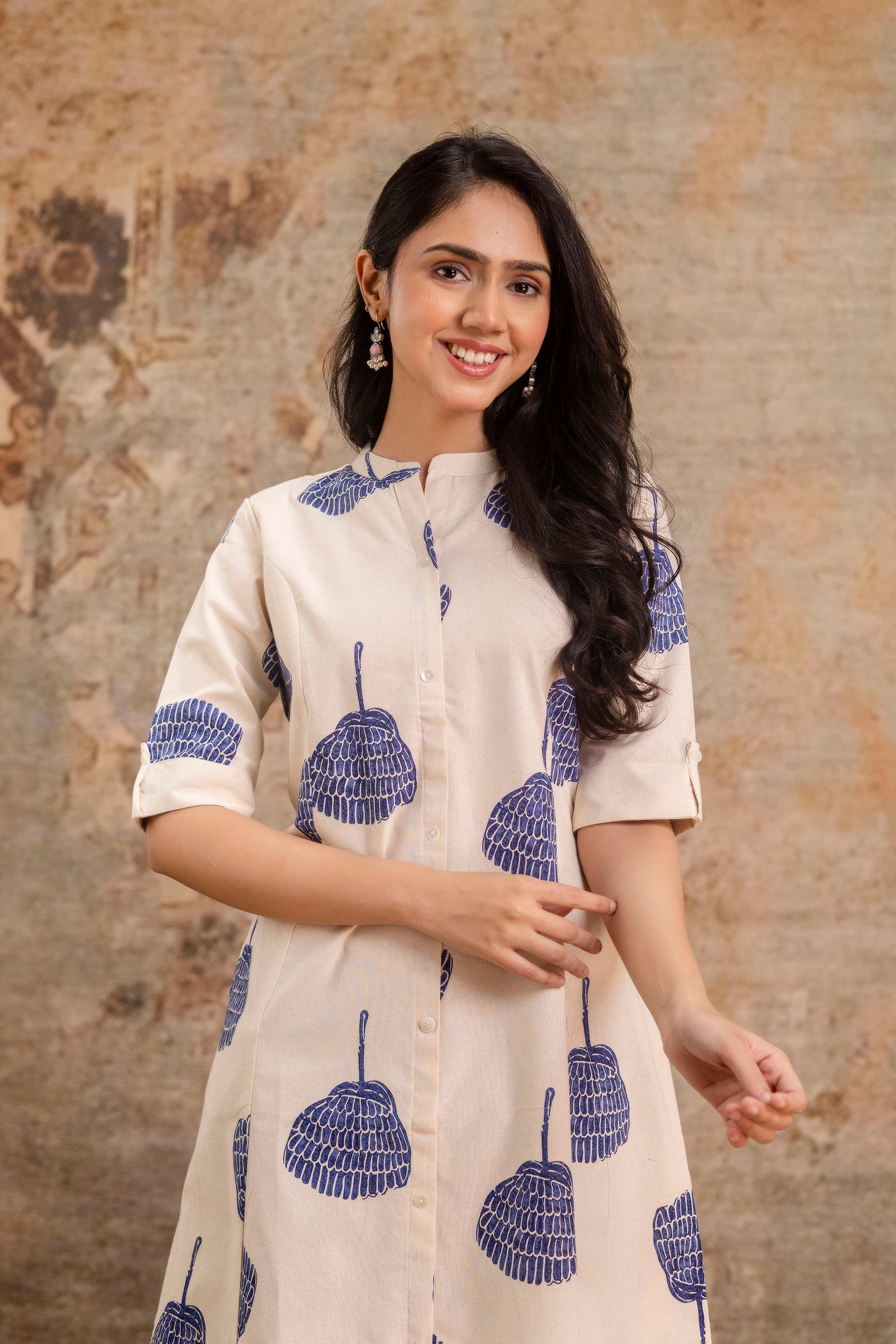 Elegant Off-White Printed A-Line Cotton Kurta with Front Button Detailing - Naticraft