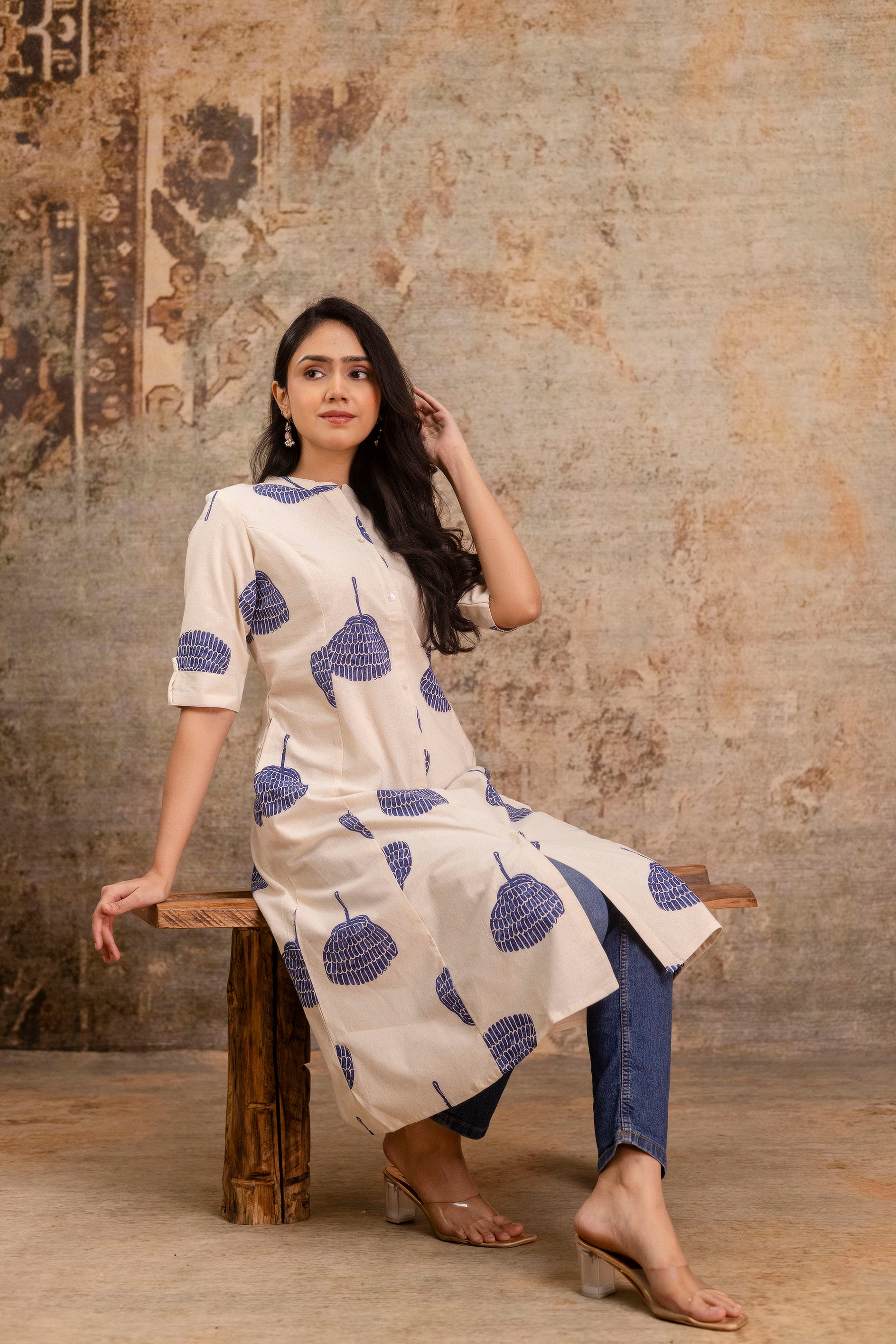 Elegant Off-White Printed A-Line Cotton Kurta with Front Button Detailing - Naticraft