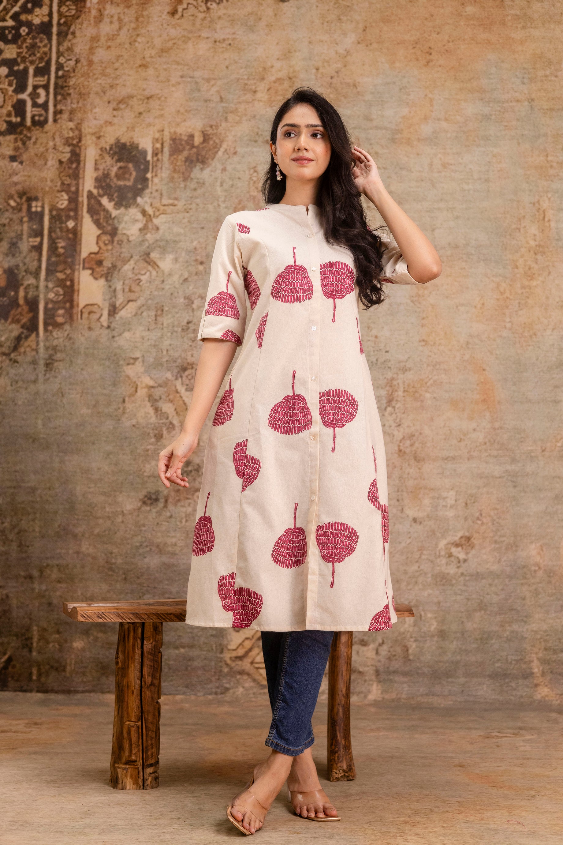 Elegant Off-White Printed A-Line Cotton Kurta with Front Button Detailing - Naticraft