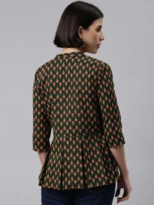 Green Floral Pleated Peplum Top for Women - Naticraft