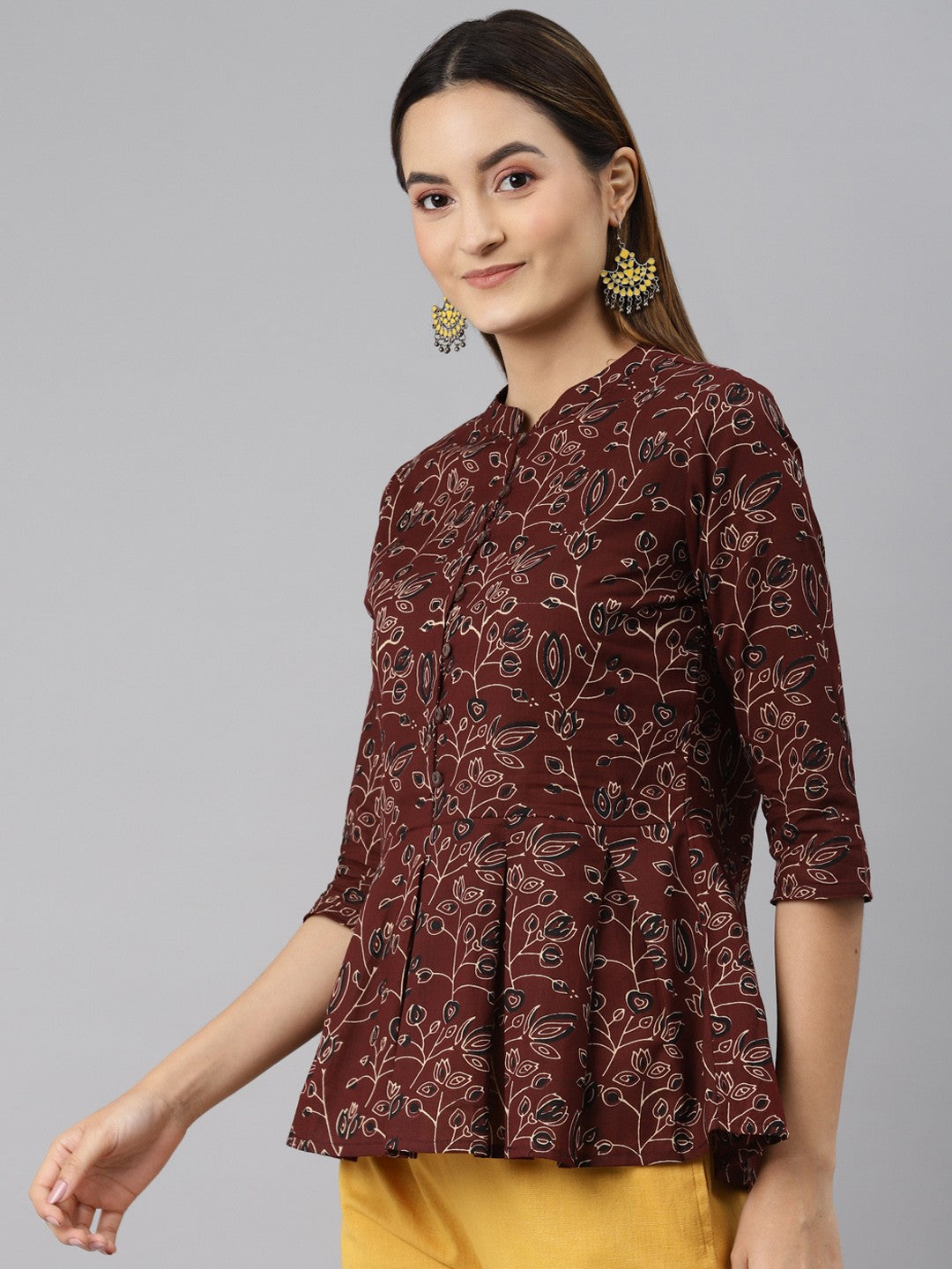 Brown Floral Printed Peplum Cotton Top - Naticraft