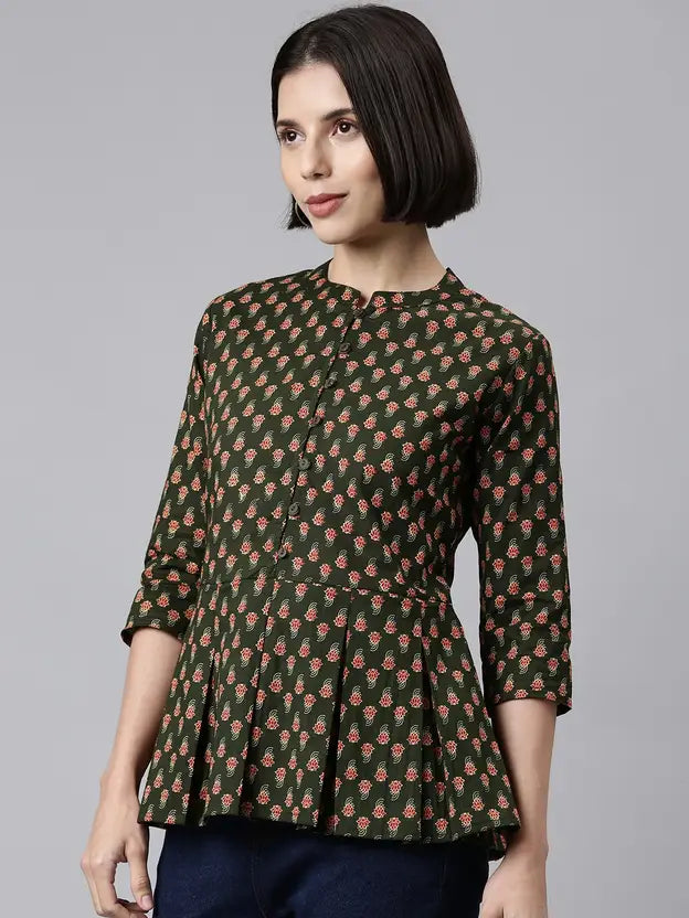 Green Floral Pleated Peplum Top for Women - Naticraft