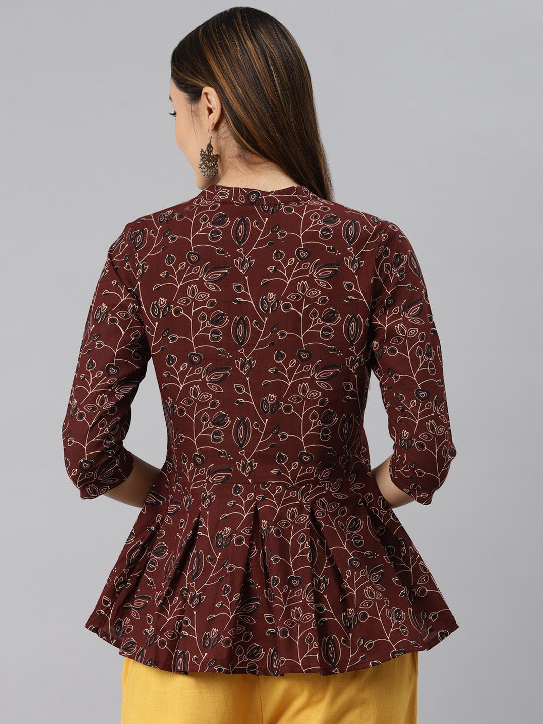 Brown Floral Printed Peplum Cotton Top - Naticraft