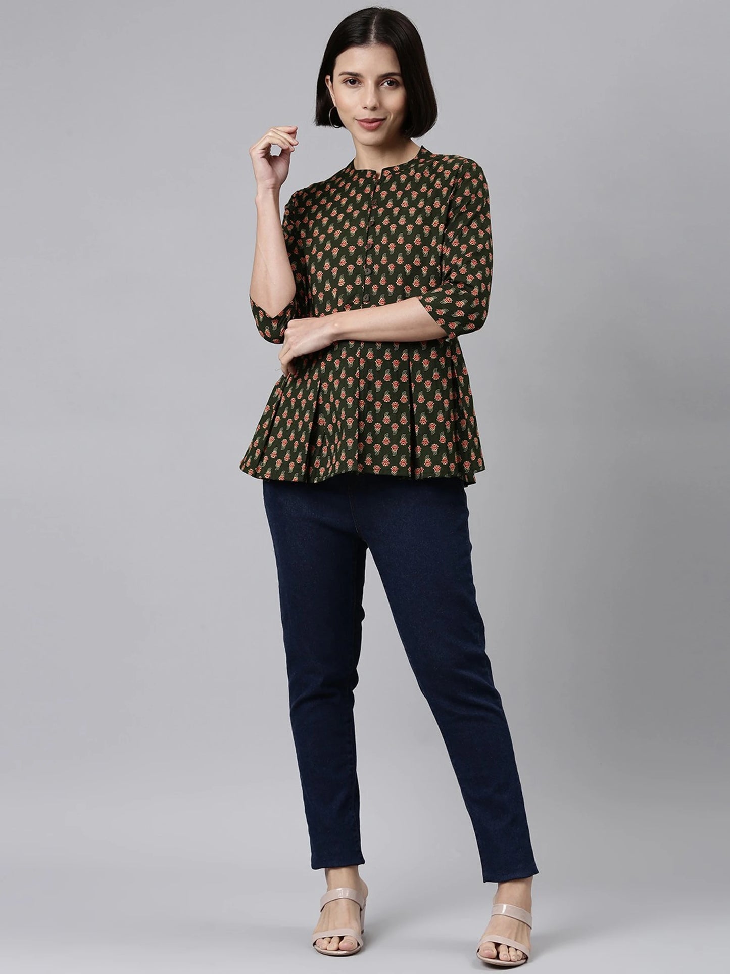 Green Floral Pleated Peplum Top for Women - Naticraft